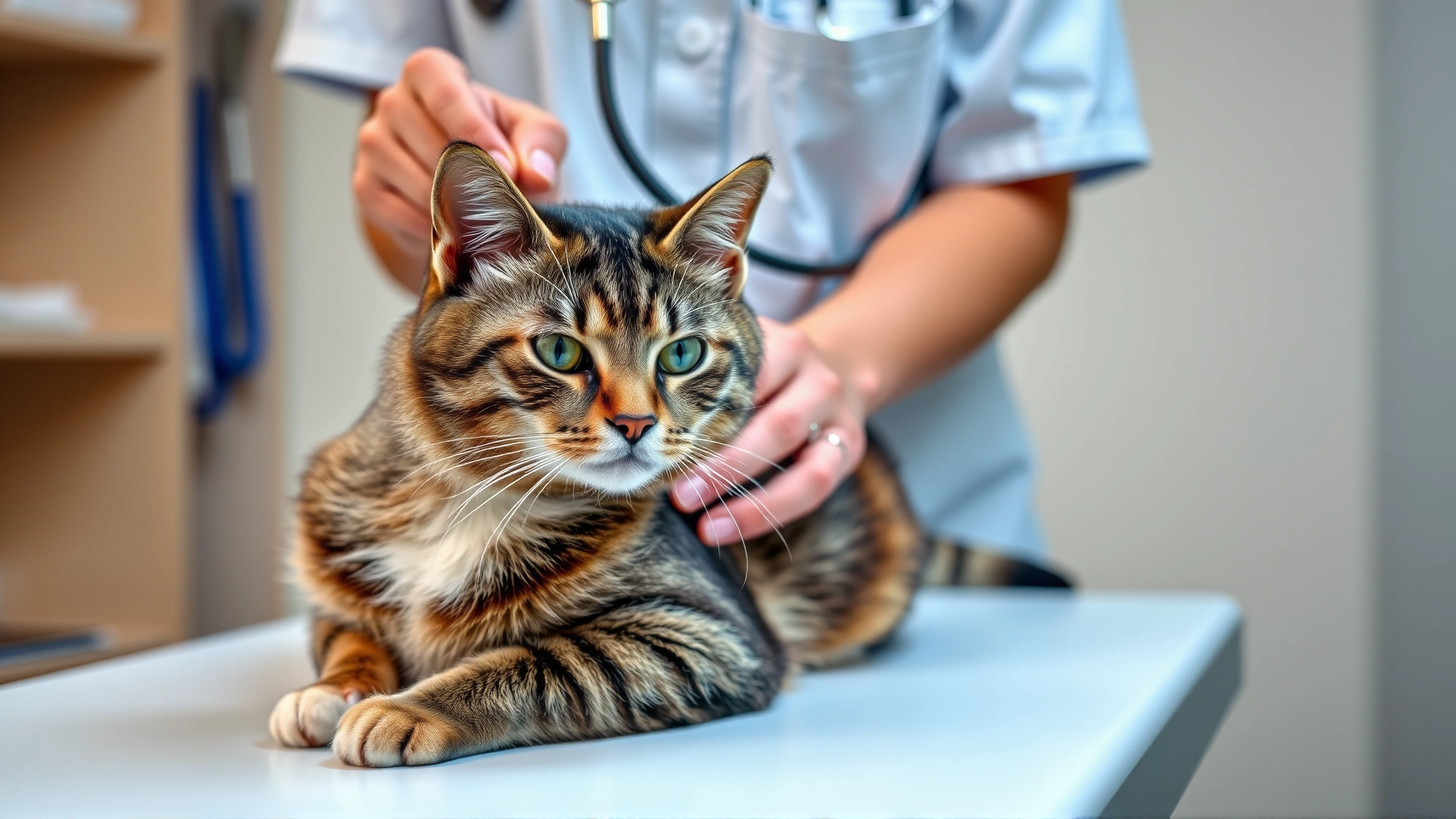 Veterinarian using a stethoscope to check a calm American Shorthair cat on an examination table.
