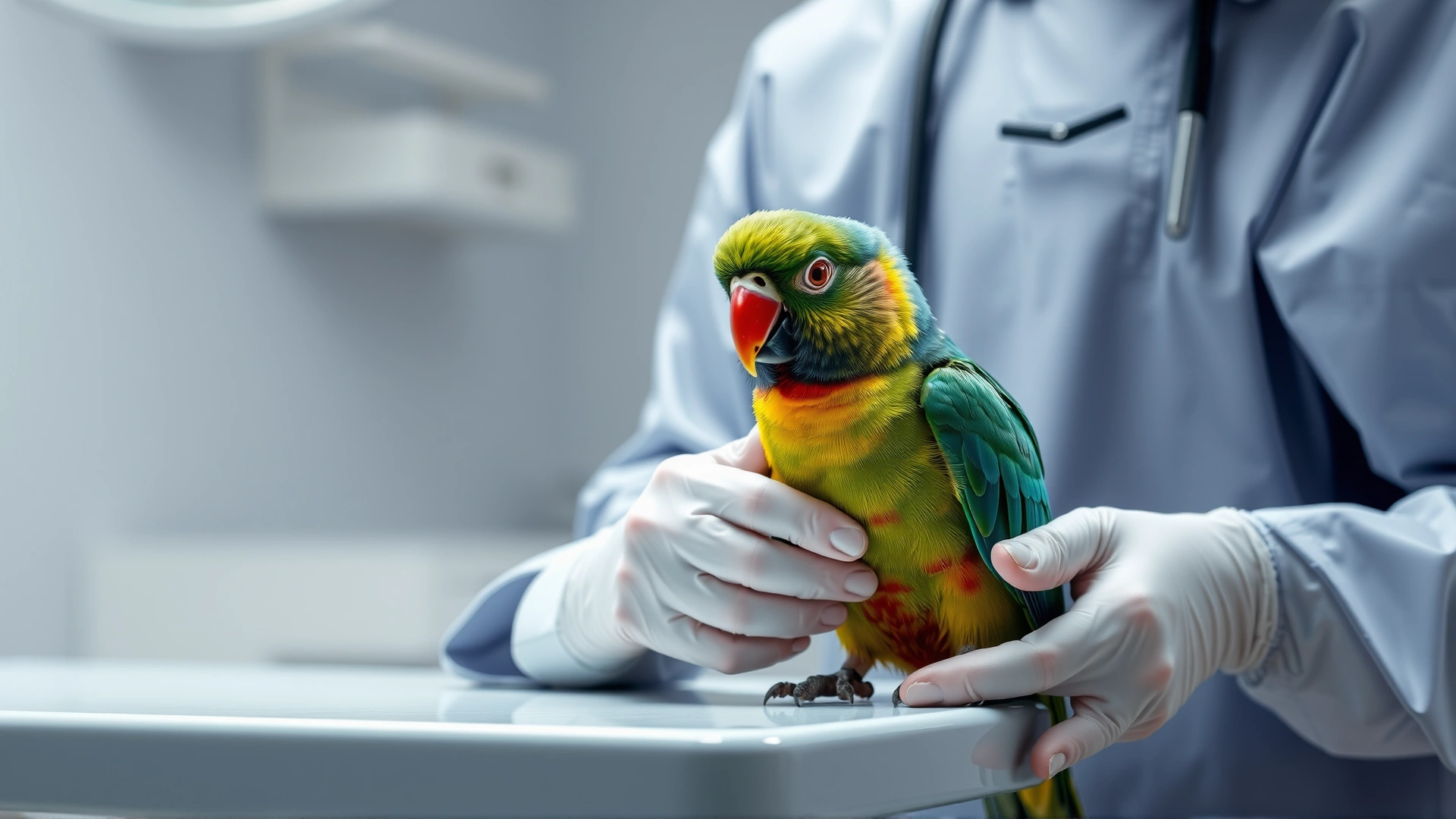 Avian veterinarian gently examining a lorikeet’s beak and eyes on a clean clinic table under soft lighting.