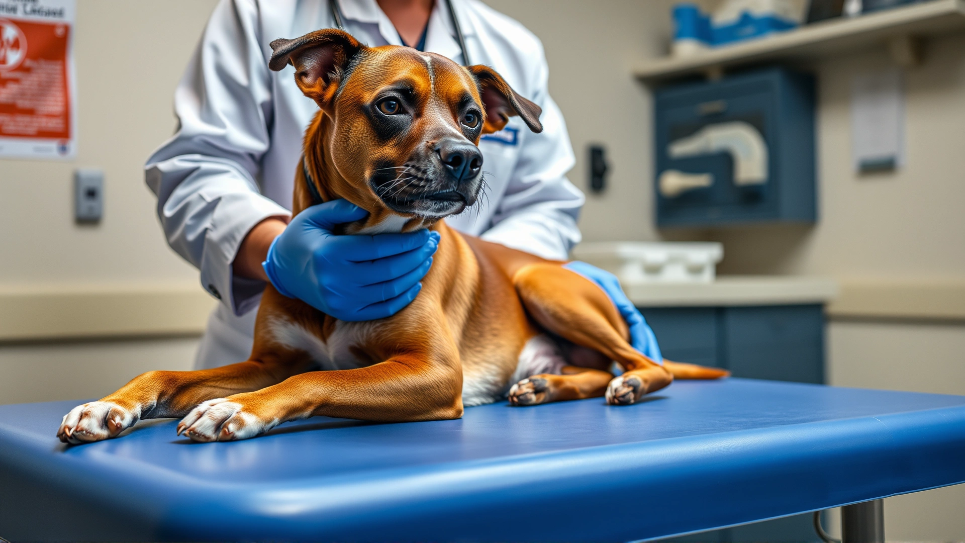 Photo of a veterinarian gently examining a Carolina Dog on an exam table
