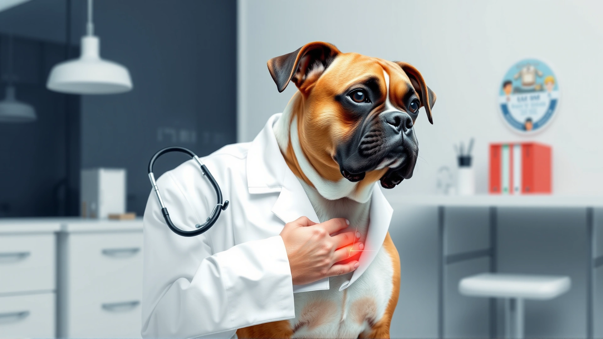 A veterinarian wearing a white coat using a stethoscope to check a Boxer dog's heart in a modern clinic room.