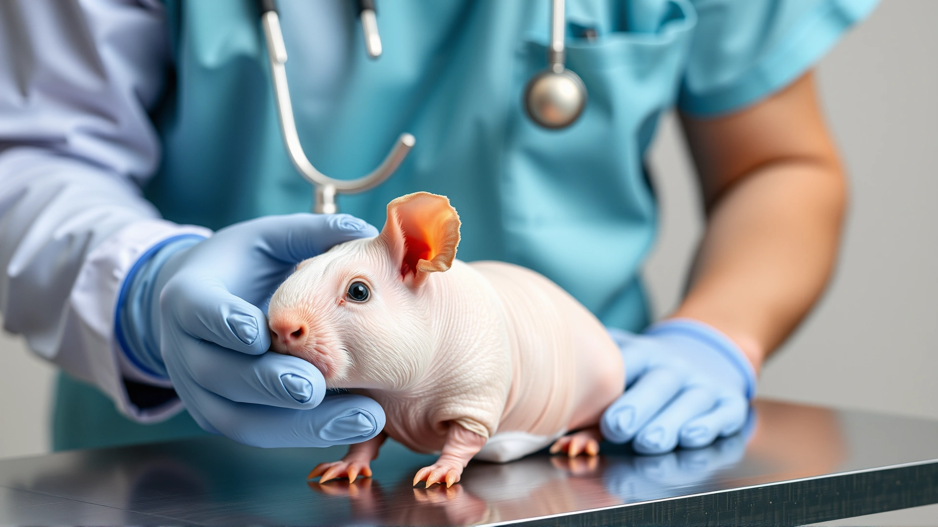 Veterinarian wearing gloves conducting a routine health check on a hairless guinea pig on an examination table.