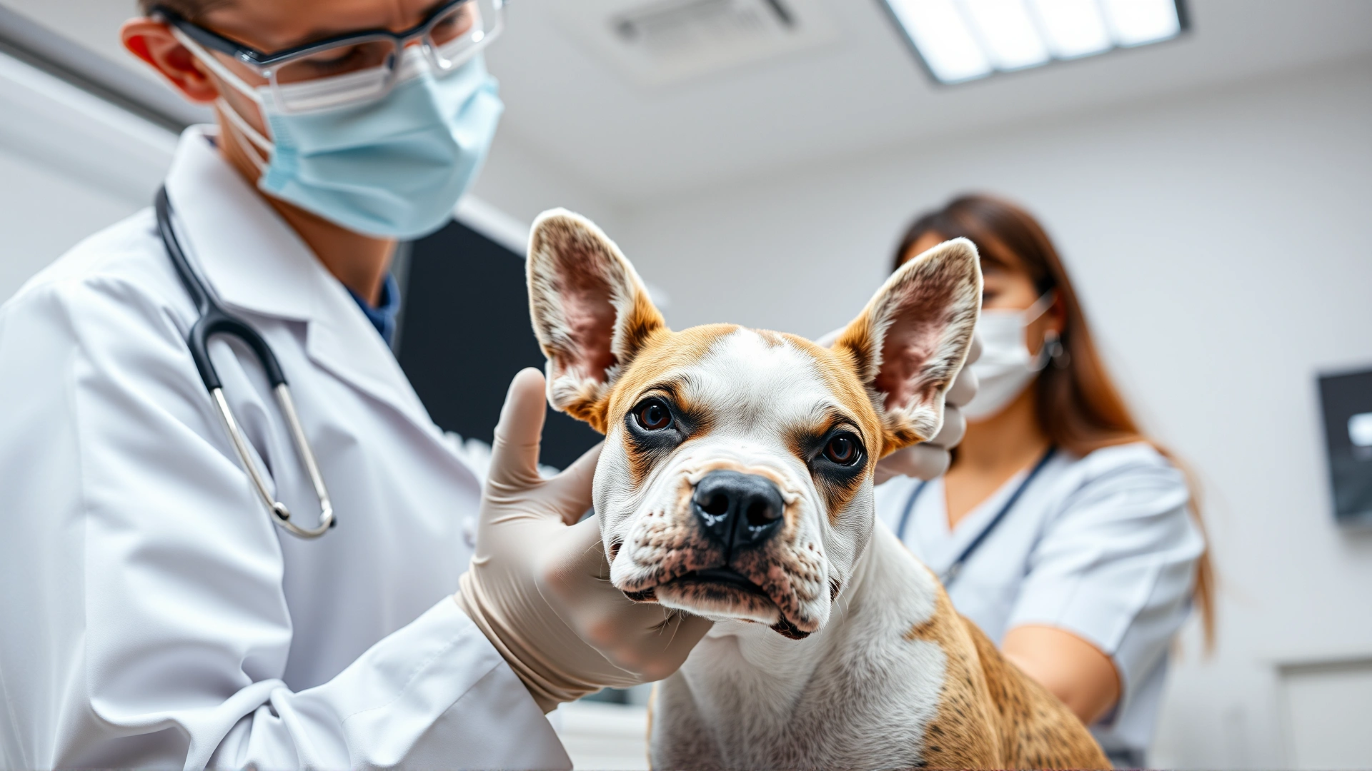 Veterinarian conducting an ear exam on a calm Miniature Bull Terrier inside a modern veterinary clinic, clean background, high-resolution
