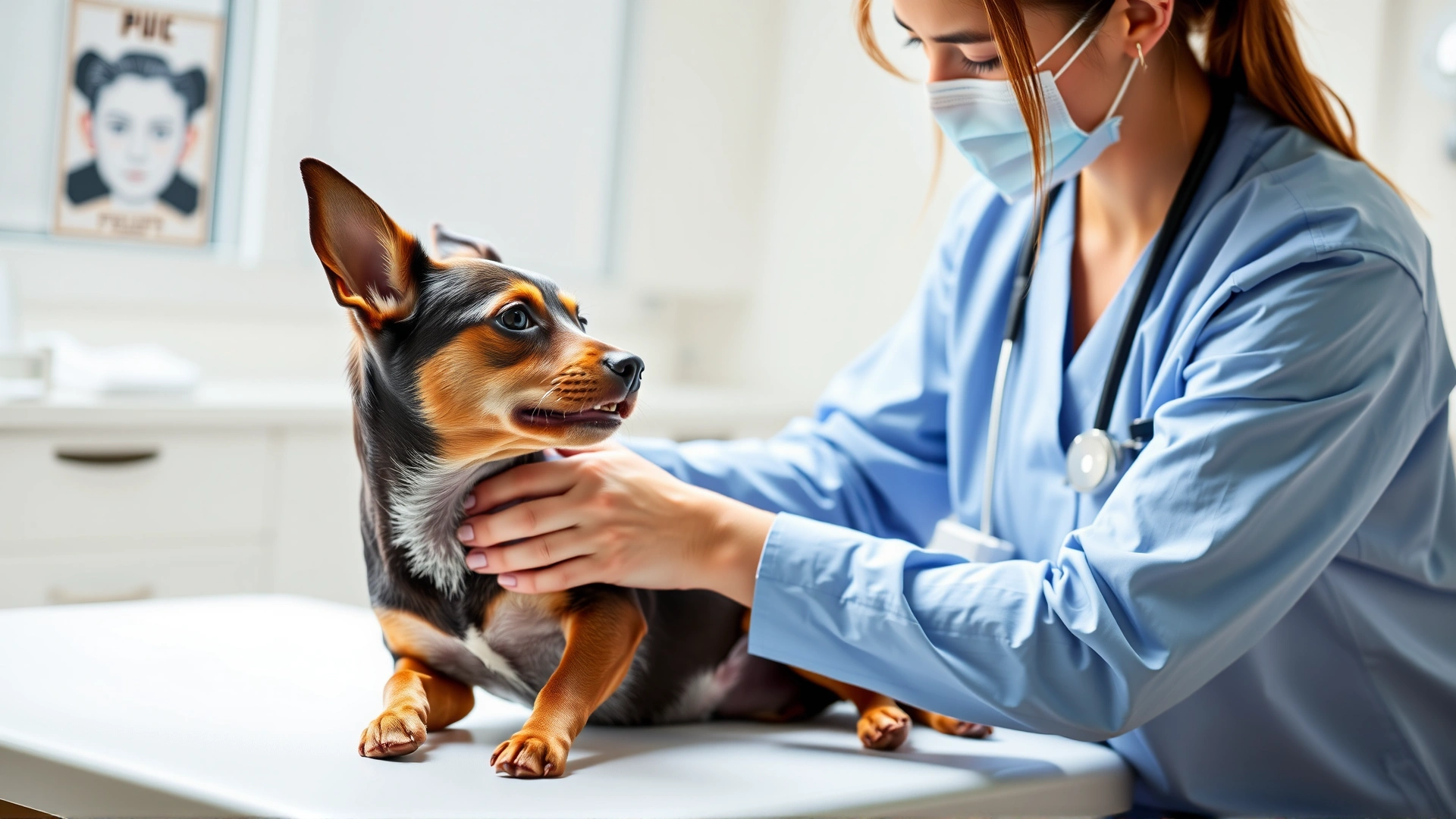 Veterinarian gently examining a Miniature Pinscher's knee joint on an examination table, bright clinic setting