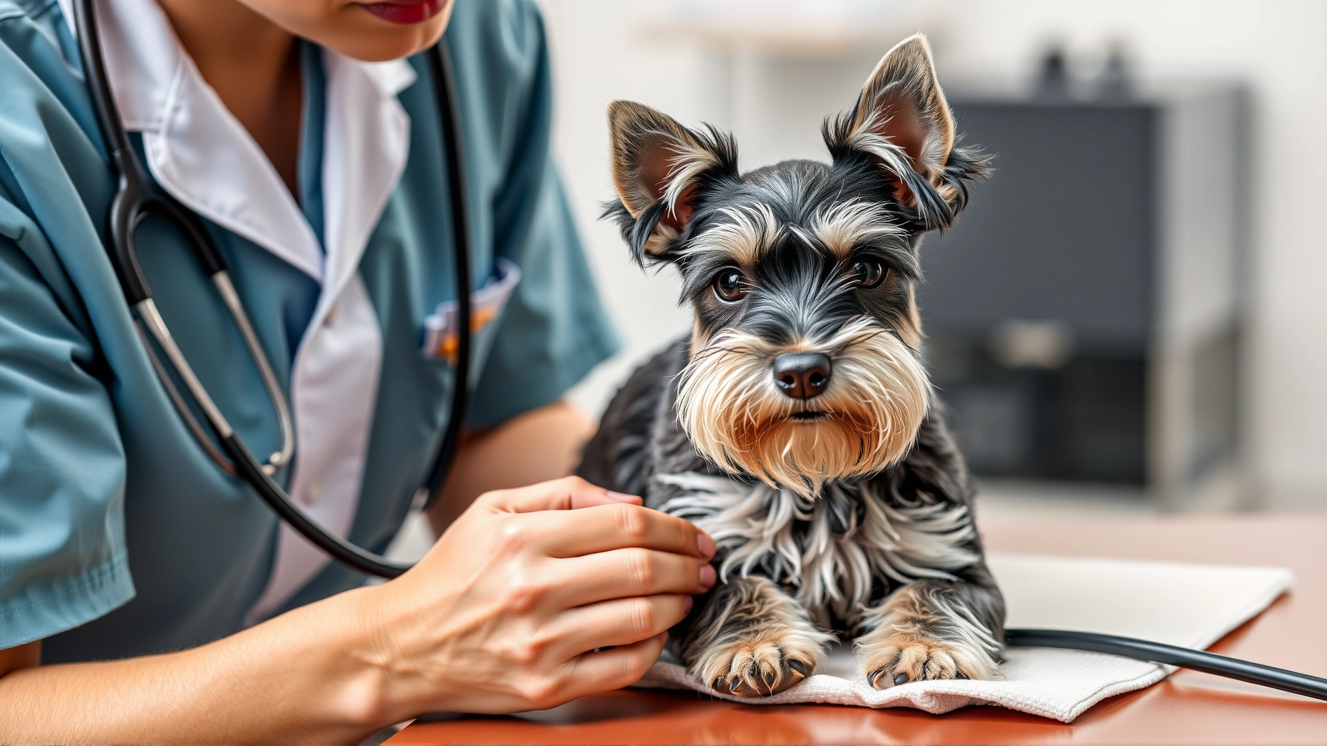 Veterinarian examining a Miniature Schnauzer on a clinic table with stethoscope