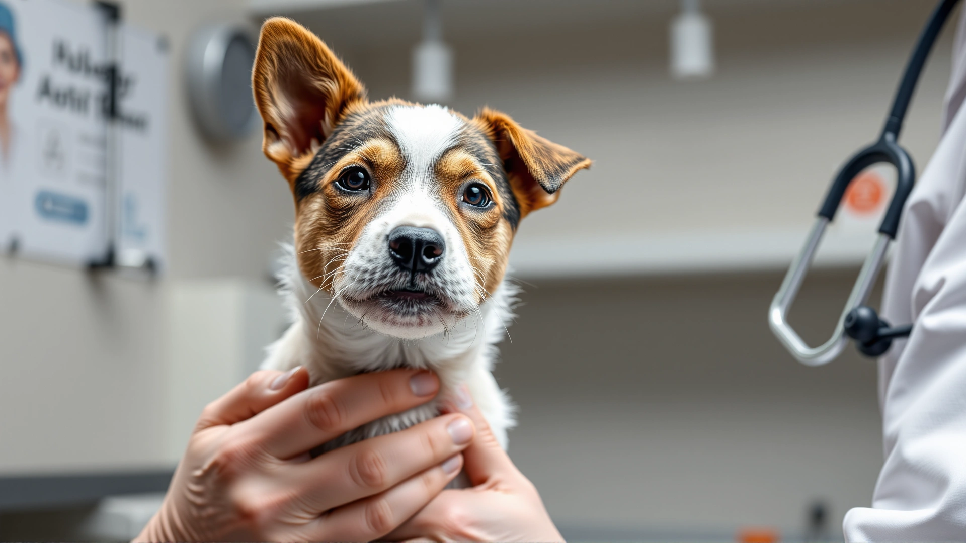 A veterinarian examining a healthy Russell Terrier puppy in a clinic setting