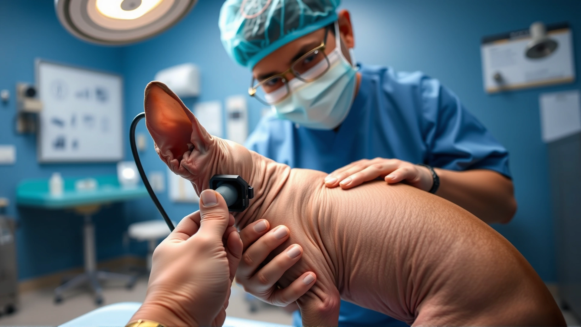 Veterinarian examining the skin of a hairless Xoloitzcuintli with a dermatoscope in a well-lit clinic.