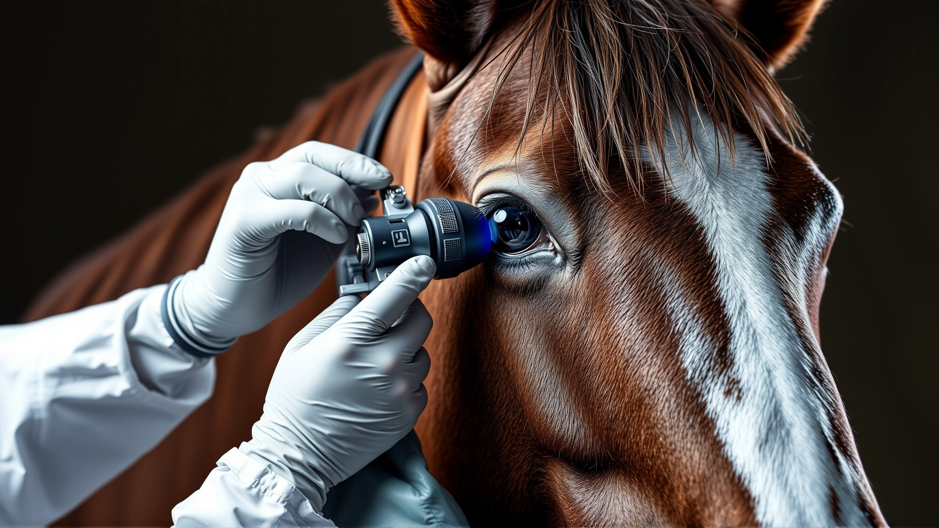 Veterinarian examining the eye of a Knabstrupper horse with otoscope, illustrating preventive health care