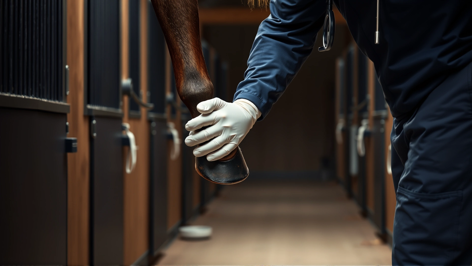 Veterinarian examining a Gelderland horse's leg in a stable aisle, focus on hands and joint, professional setting.