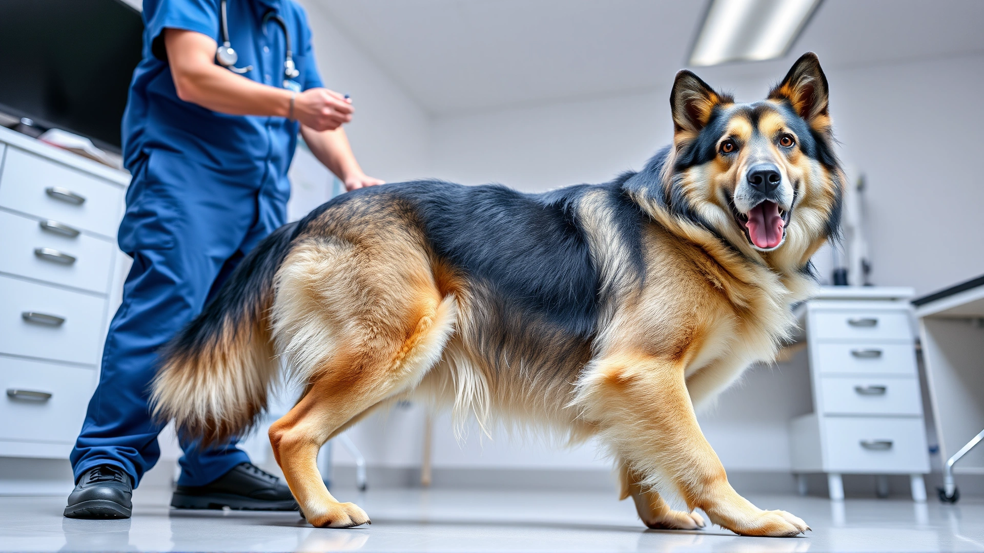 Veterinarian examining a Central Asian Shepherd Dog’s hips in a modern clinic, illustrating routine health check-ups for large breeds.
