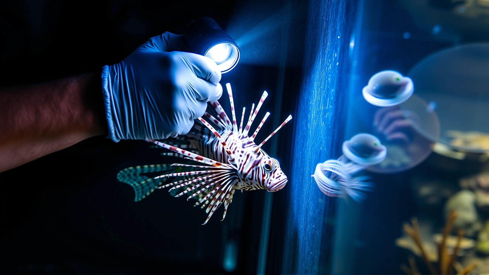 Aquarist wearing protective gloves using a flashlight to inspect a lionfish in a quarantine tank