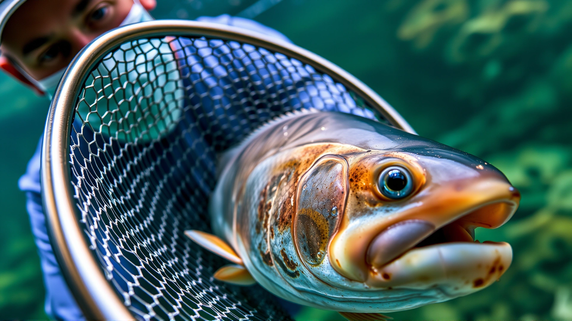 Macro photograph of an aquarist gently netting an Arowana for a routine health check, focus on the fish’s scales and clear eyes.