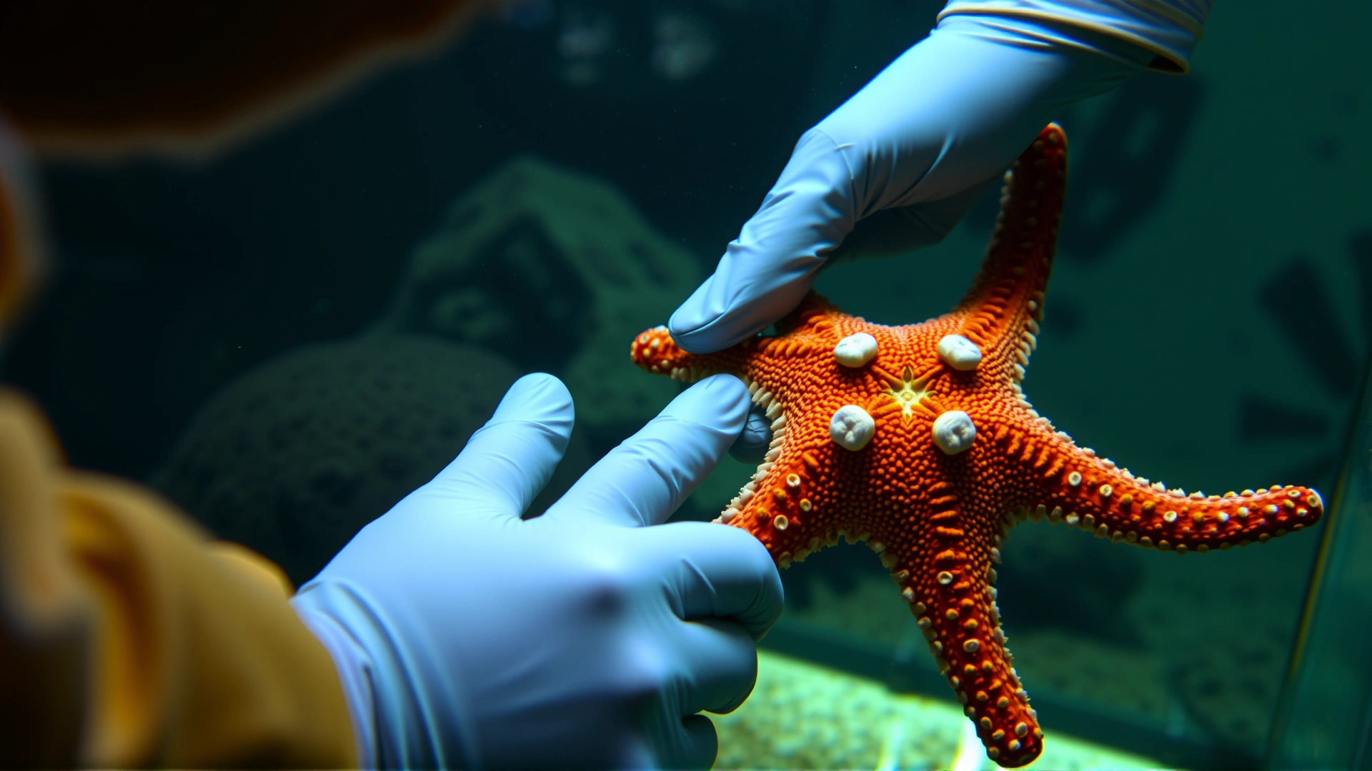 Close-up of an aquarist’s gloved hands inspecting a starfish arm underwater in a small quarantine tank, looking for lesions or discoloration