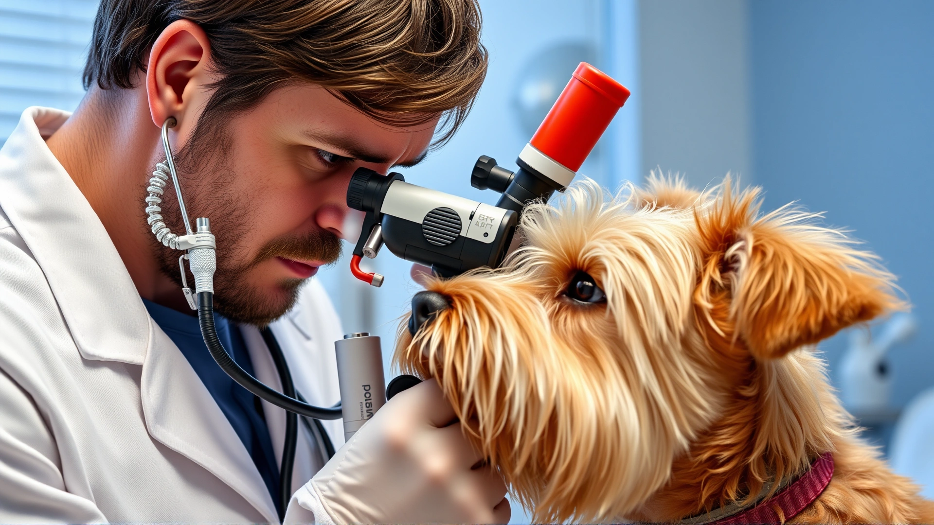 Veterinarian examining a Lakeland Terrier's eyes with an ophthalmoscope in a modern clinic, no text.