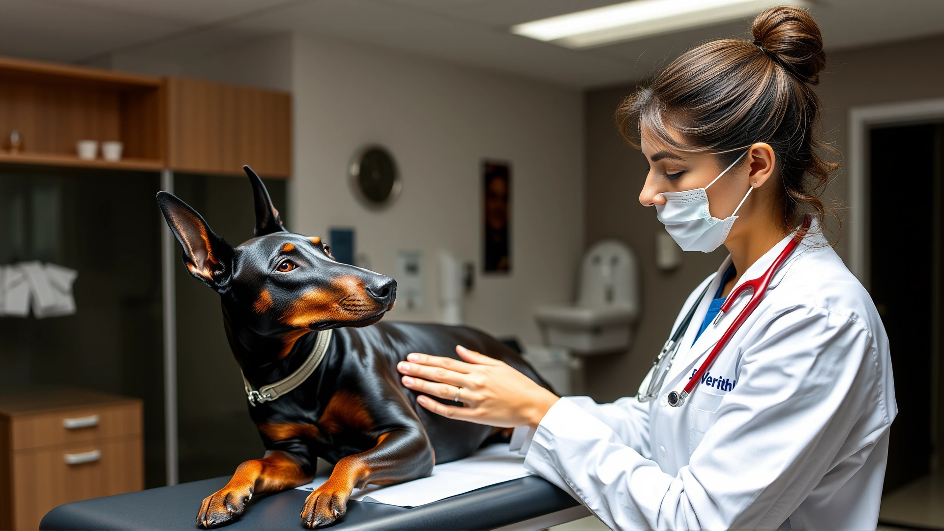 Veterinarian gently examining a Doberman Pinscher on an examination table in a modern veterinary clinic.