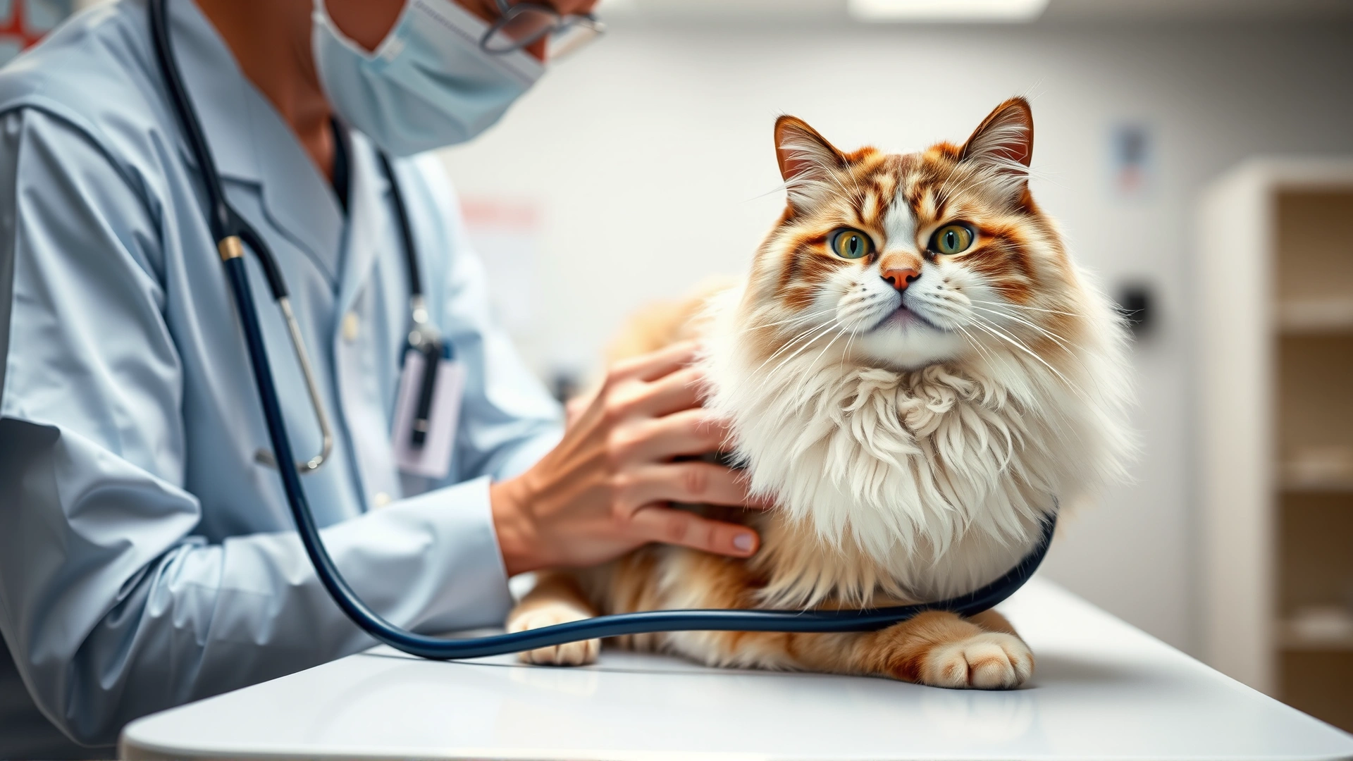 A veterinarian examining a calm adult Himalayan cat on a clinical exam table, stethoscope visible and a bright, clean veterinary office background.