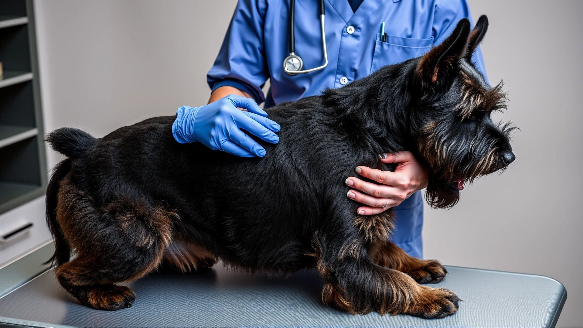 Veterinarian examining a Bouvier des Flandres on a clinic table, gently manipulating the dog’s hip area to symbolize joint health checks.
