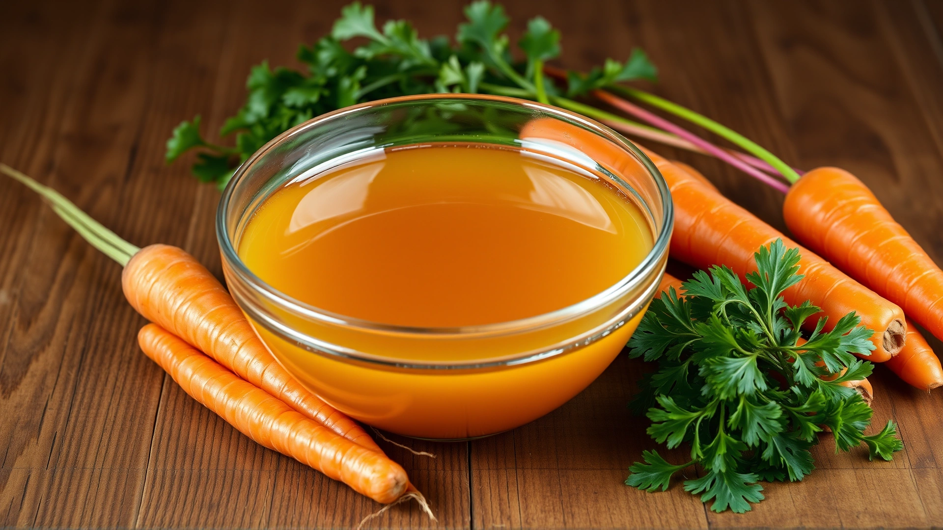 Glass bowl filled with homemade chicken broth alongside fresh carrots and parsley on a rustic wooden surface