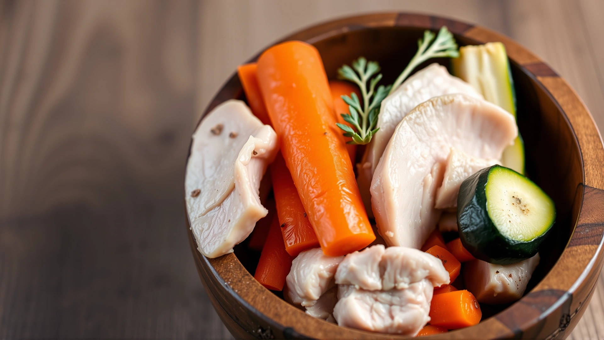 Wooden bowl containing plain boiled chicken breast, turkey slices, steamed carrots and zucchini—healthy dog food alternatives.