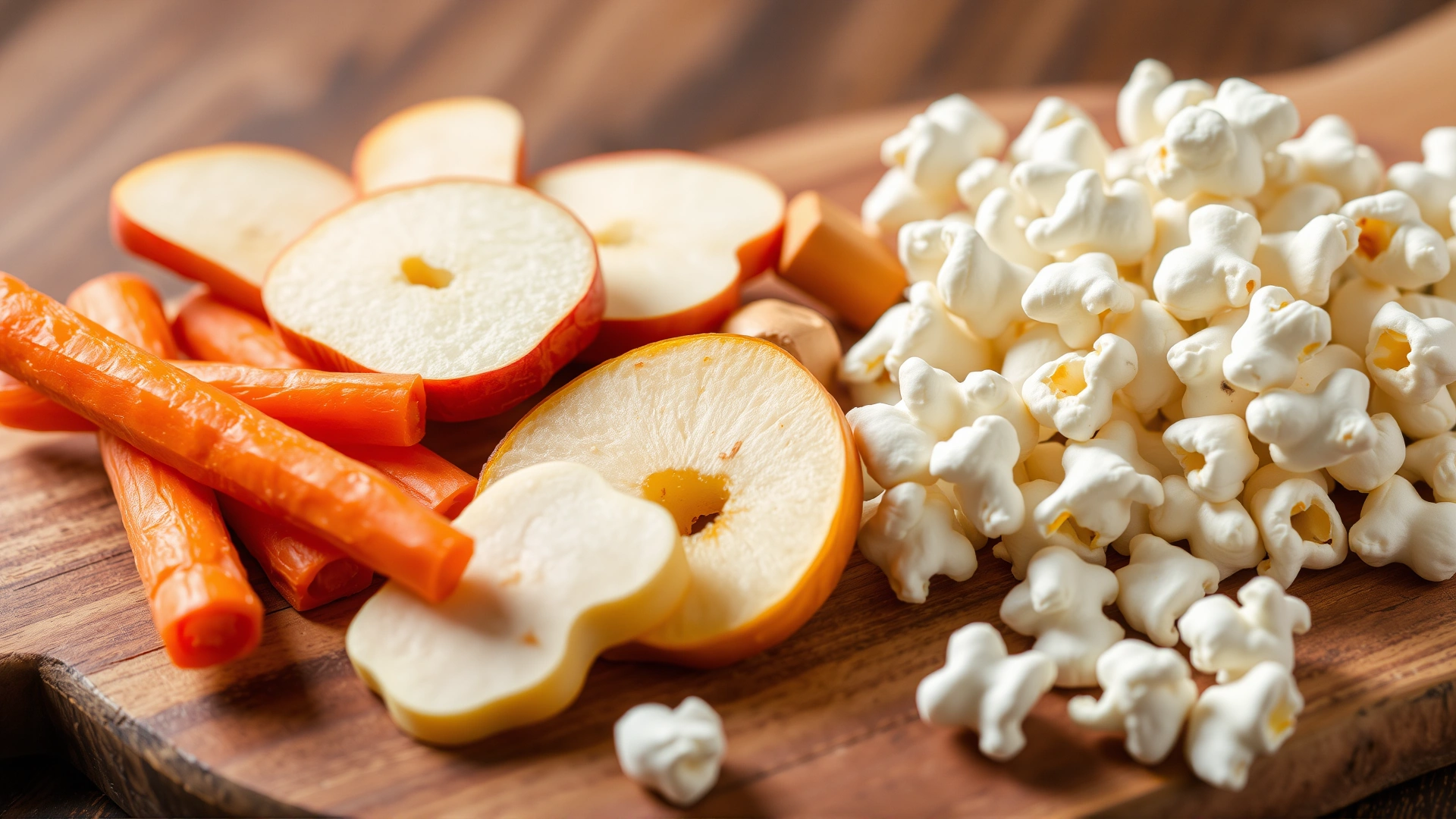 Assorted healthy dog treats such as carrot sticks, apple slices, and plain air-popped popcorn neatly arranged on a wooden board