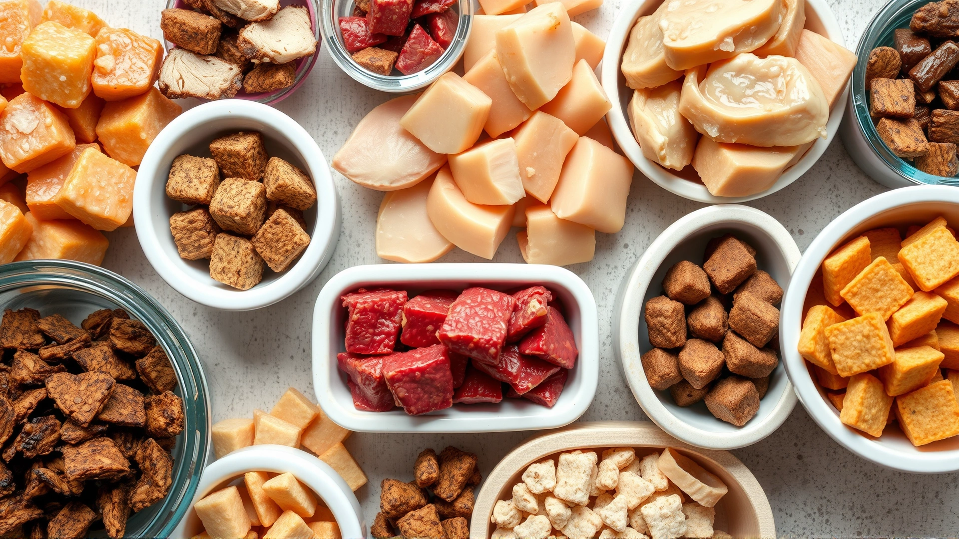 Assortment of cat-safe protein sources such as cooked chicken cubes, turkey slices, lean beef, and freeze-dried treats arranged in small bowls, no text