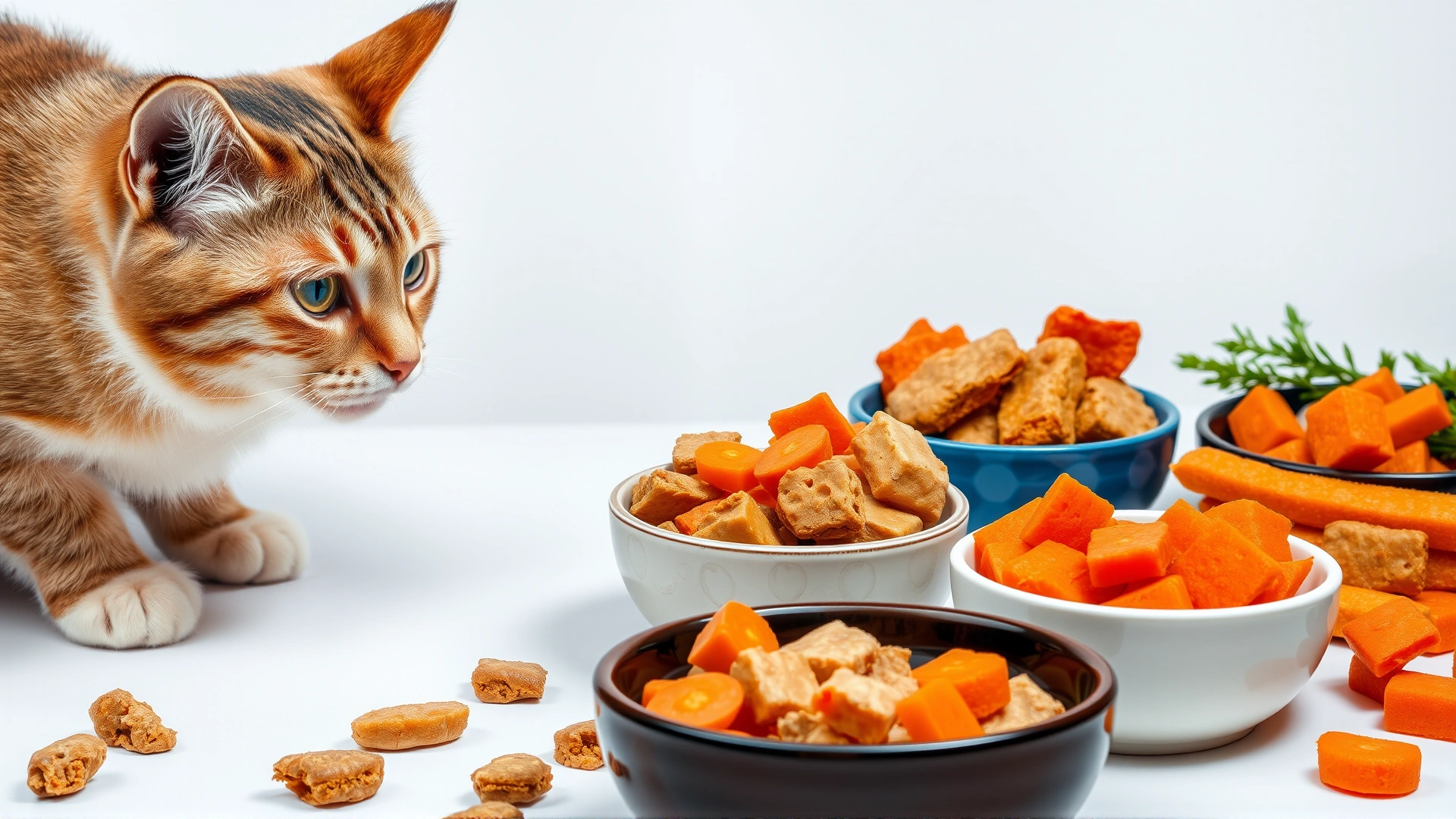 Assortment of cat-friendly treats such as freeze-dried chicken cubes, steamed chicken slices, and carrot pieces arranged in small bowls with a cat observing, bright studio lighting, no text