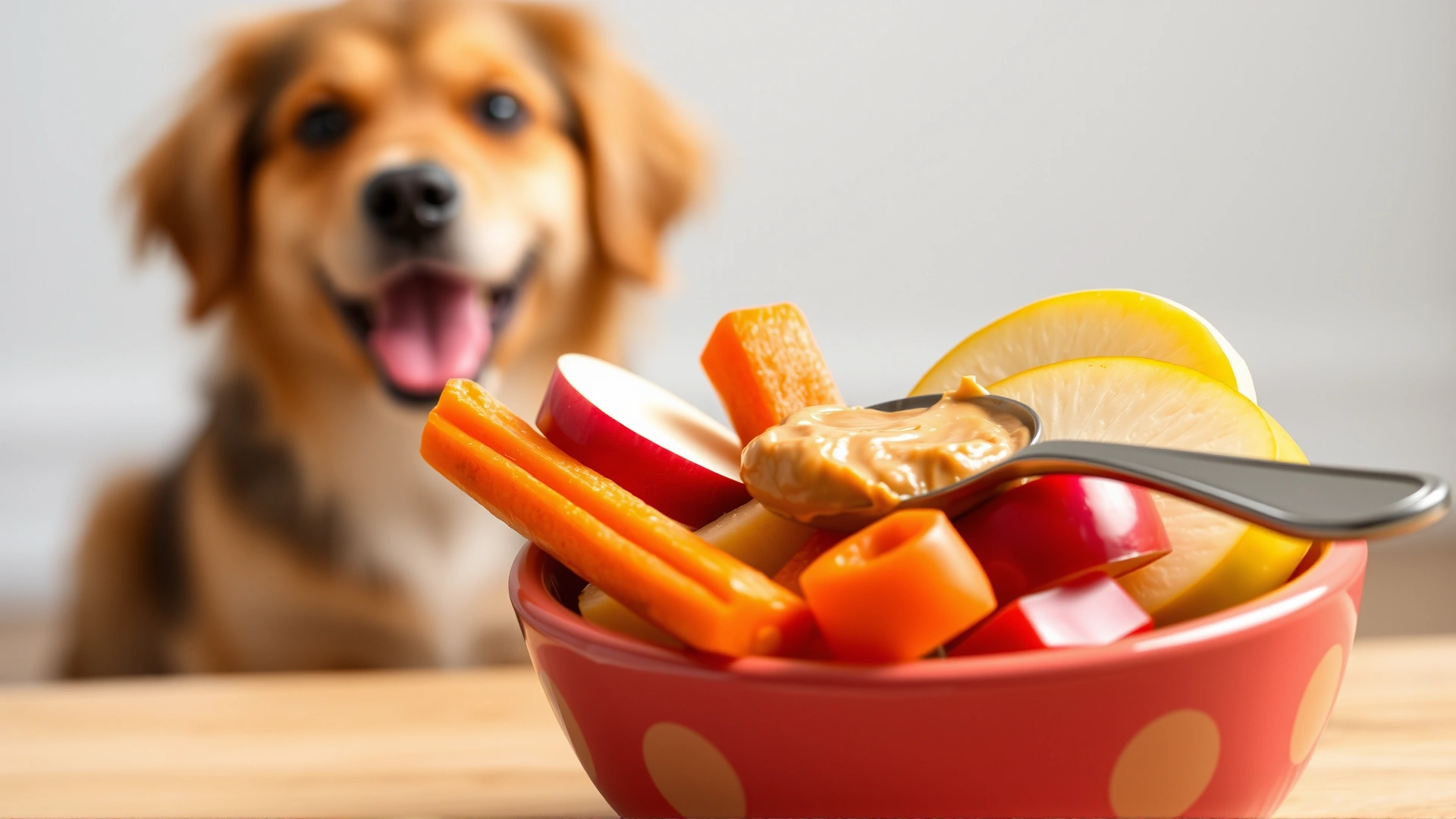 Colorful bowl containing dog-safe treats such as carrot sticks, apple slices, and a small spoon of natural peanut butter, with a happy dog in the blurry background