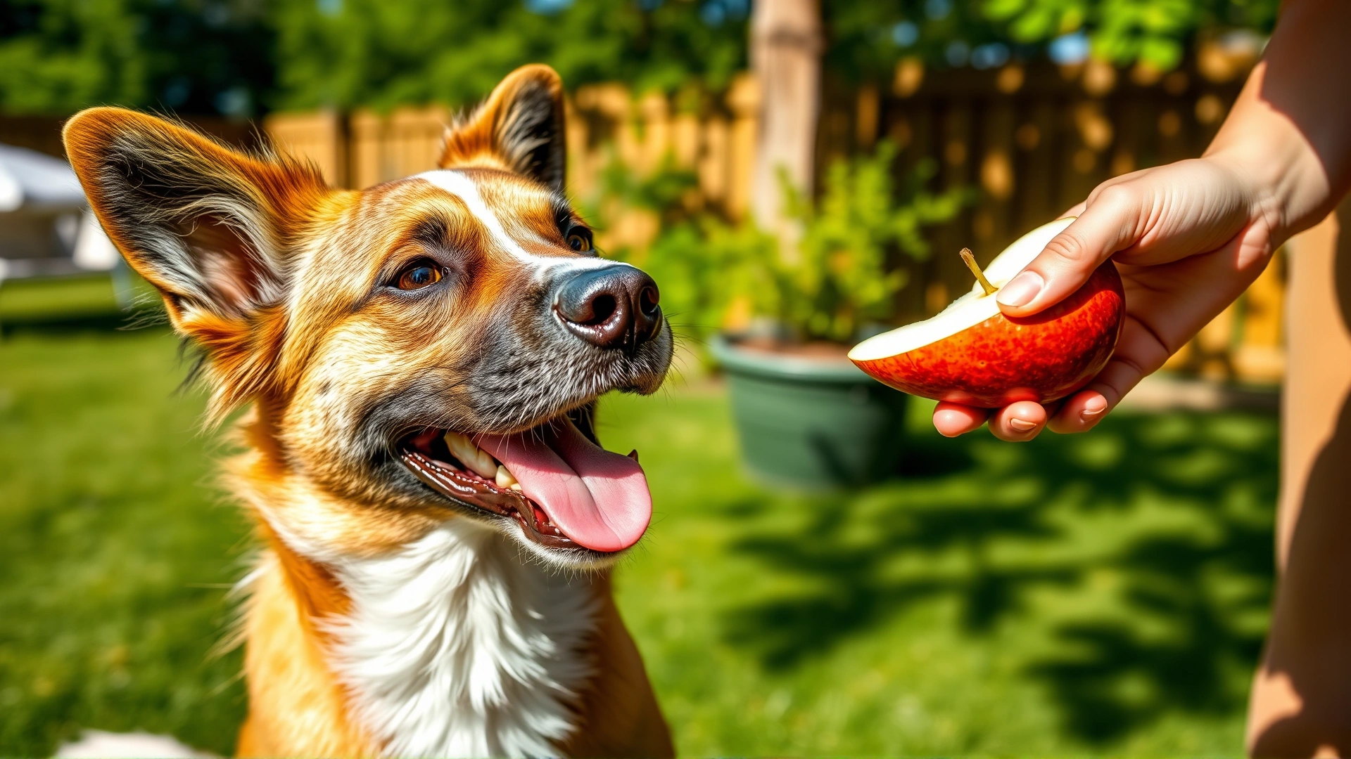Dog happily receiving a slice of apple from its owner in a sunny backyard, emphasizing healthy treat alternatives