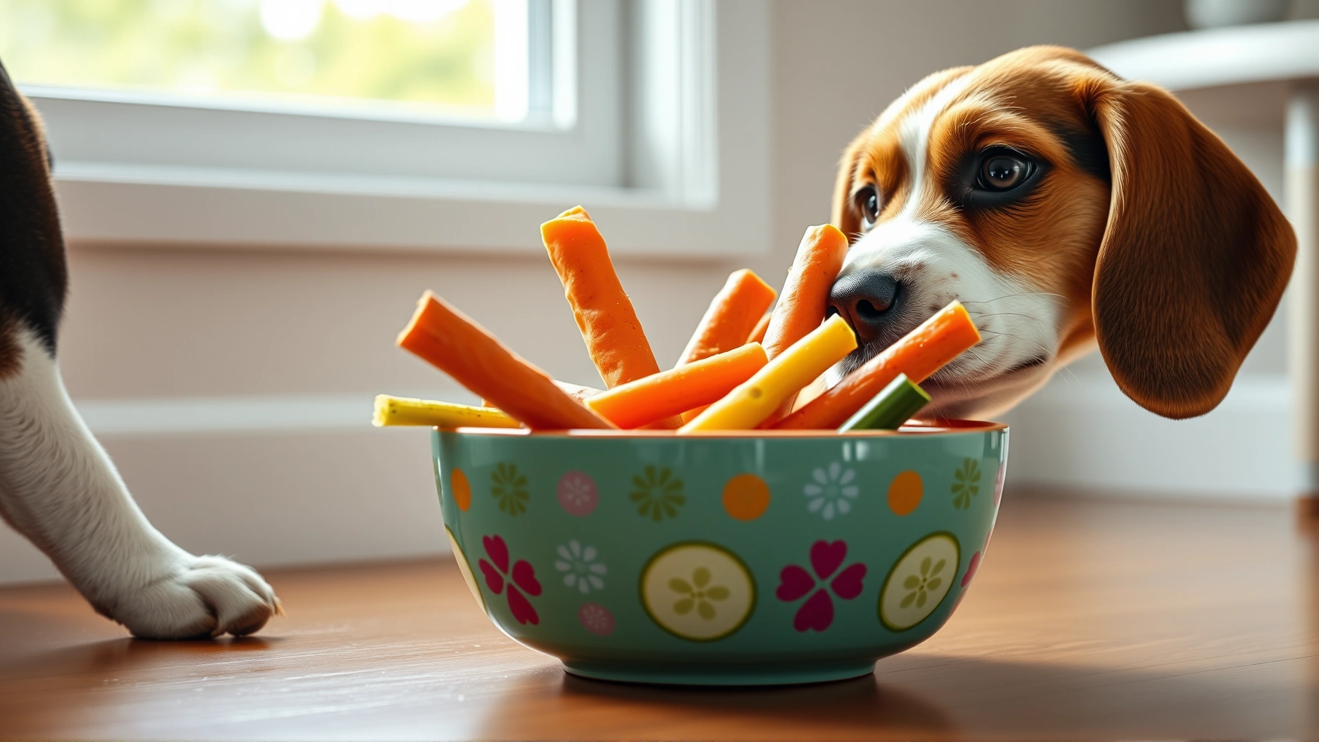 A colorful bowl filled with dog-safe vegetable sticks such as sweet potato, carrot, and cucumber, with a beagle looking curiously at the bowl, soft window light