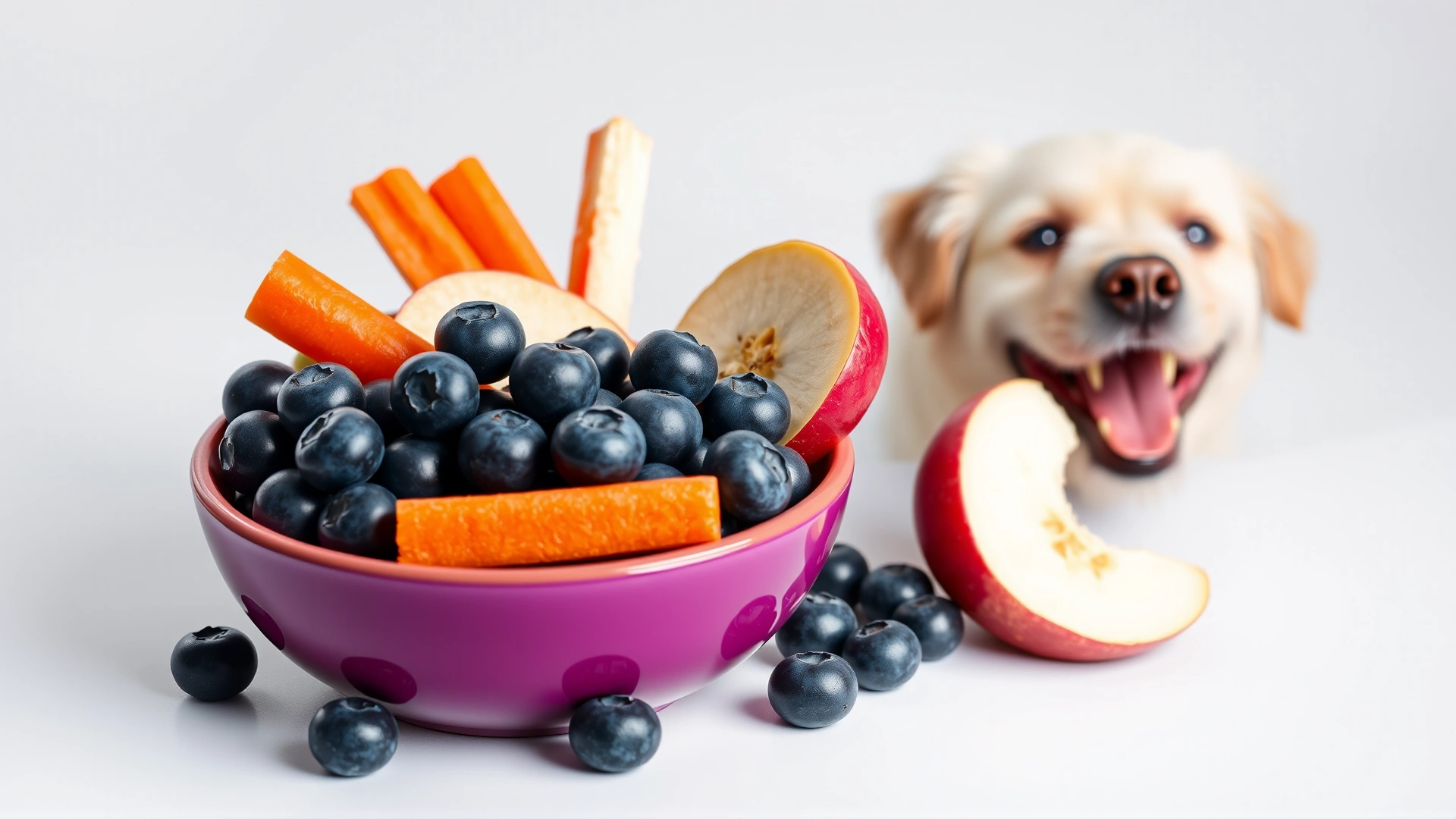 Colorful bowl containing blueberries, apple slices without seeds, carrot sticks, and a banana slice beside a happy dog, studio lighting on white background.