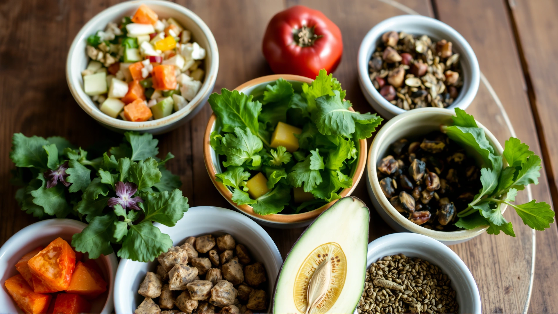 Assorted bird-safe foods—leafy greens, chopped vegetables, fruits, seeds—arranged in small ceramic bowls on a rustic wooden table, bright daylight.