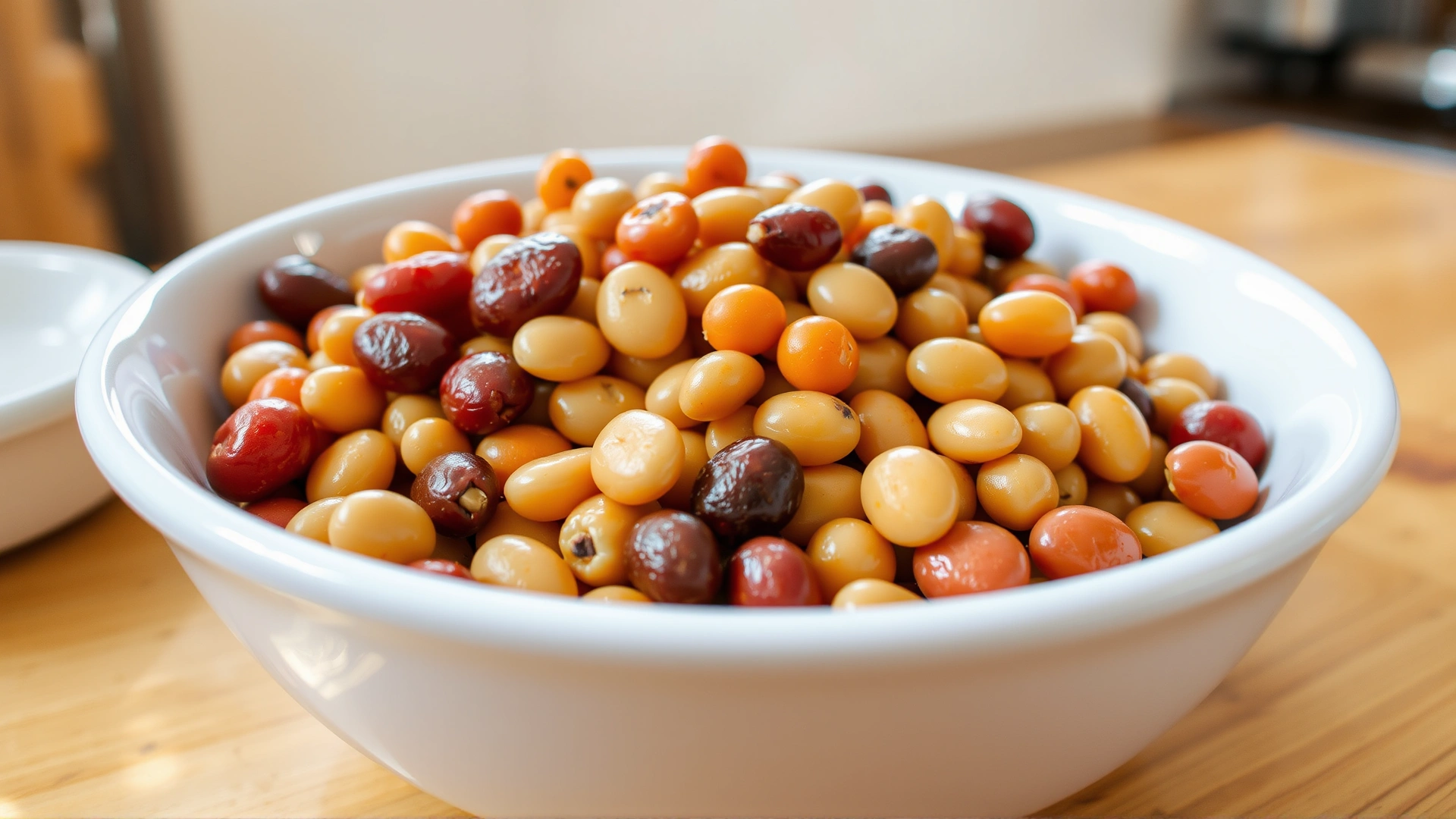 Close-up of various cooked beans neatly arranged in a white ceramic bowl on a kitchen counter, natural light
