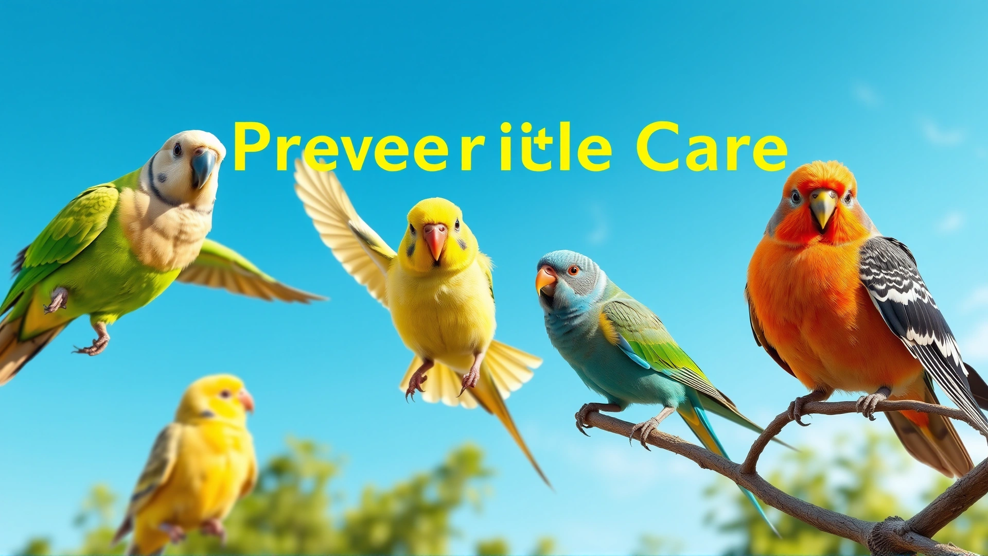 Group of healthy pet birds (parrot, budgerigar, canary) flying outdoors against a blue sky with lush greenery, representing preventive care success.