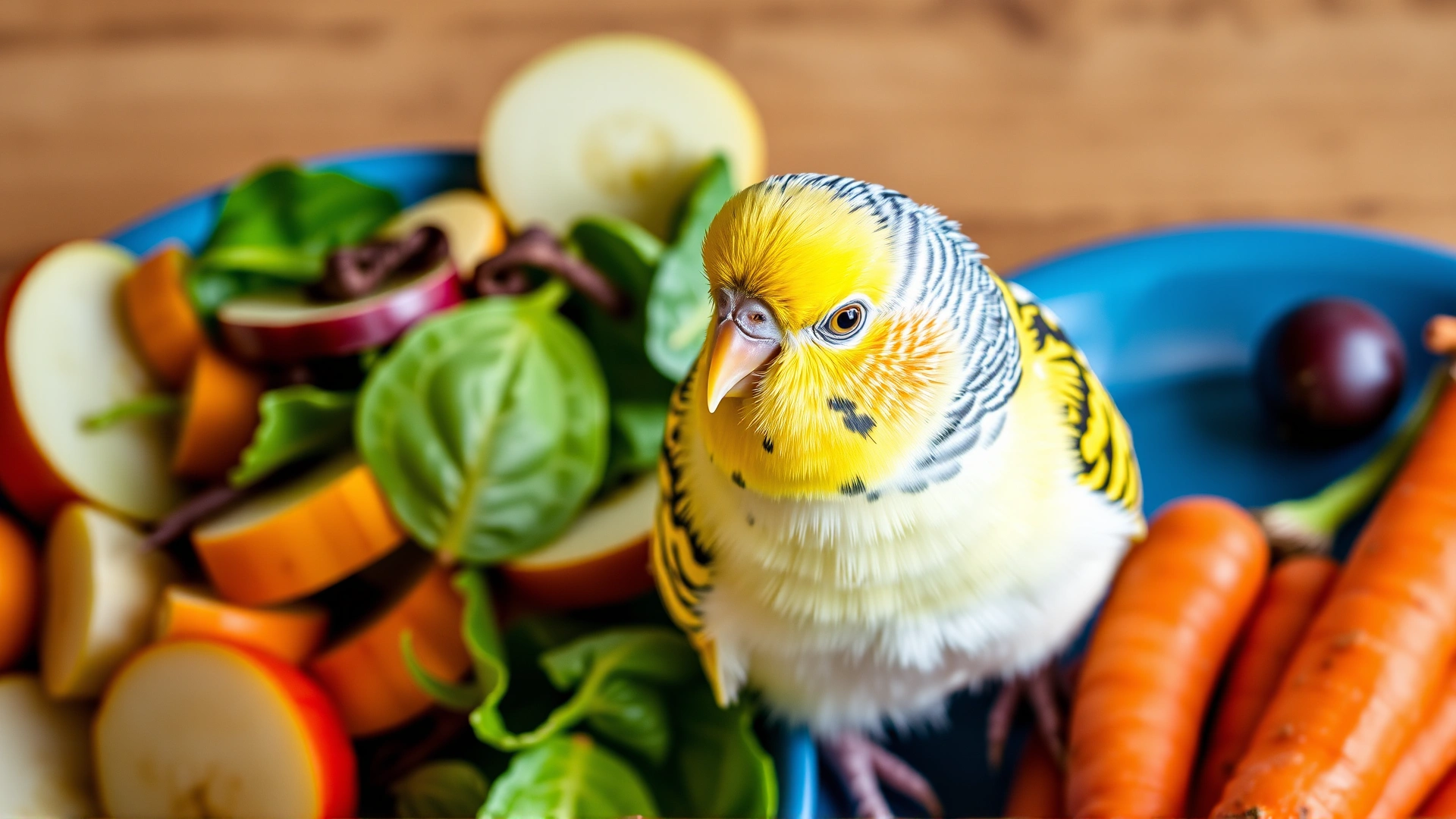Bright, colorful plate of bird-safe fruits and vegetables such as apple slices, spinach leaves, and carrots, next to a happy budgie.