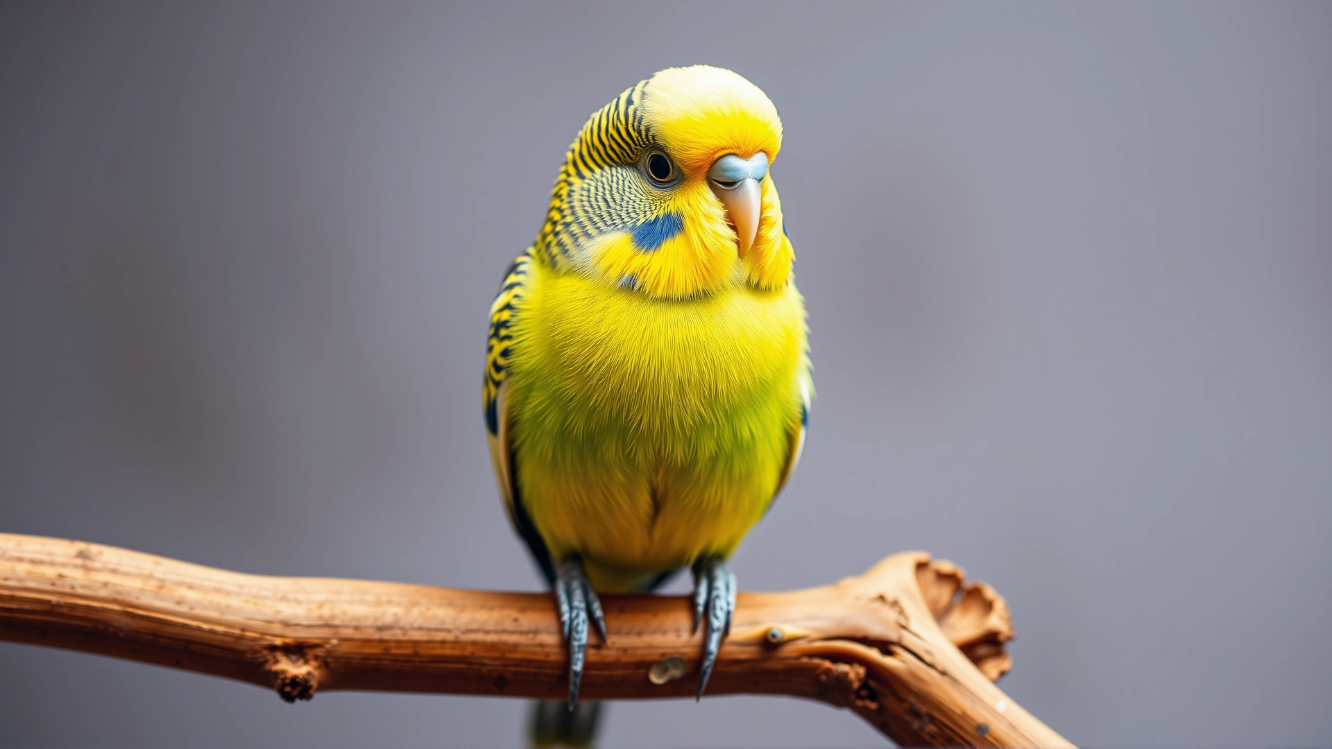 Vibrant budgerigar looking healthy and alert while perched on a natural wooden branch against a softly blurred background.