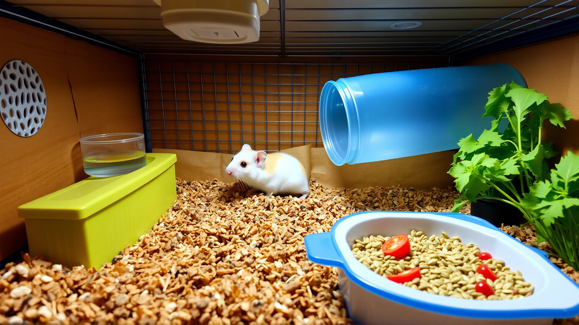 Clean hamster habitat featuring paper bedding, water bottle, food dish with fresh vegetables and seeds, and adequate ventilation; bright lighting for a healthy environment.