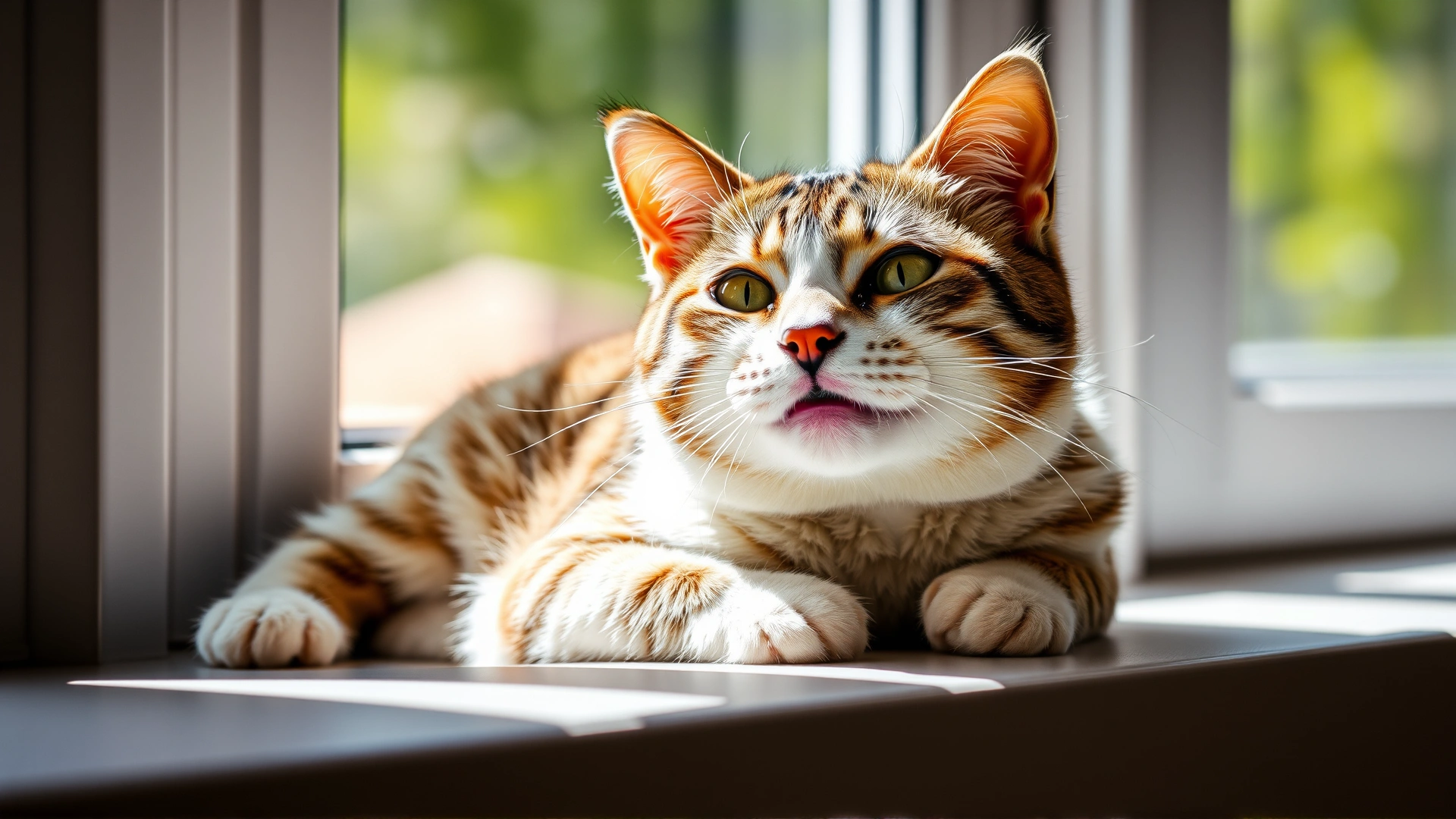 Happy indoor cat lounging comfortably on a sunny windowsill, looking relaxed and healthy
