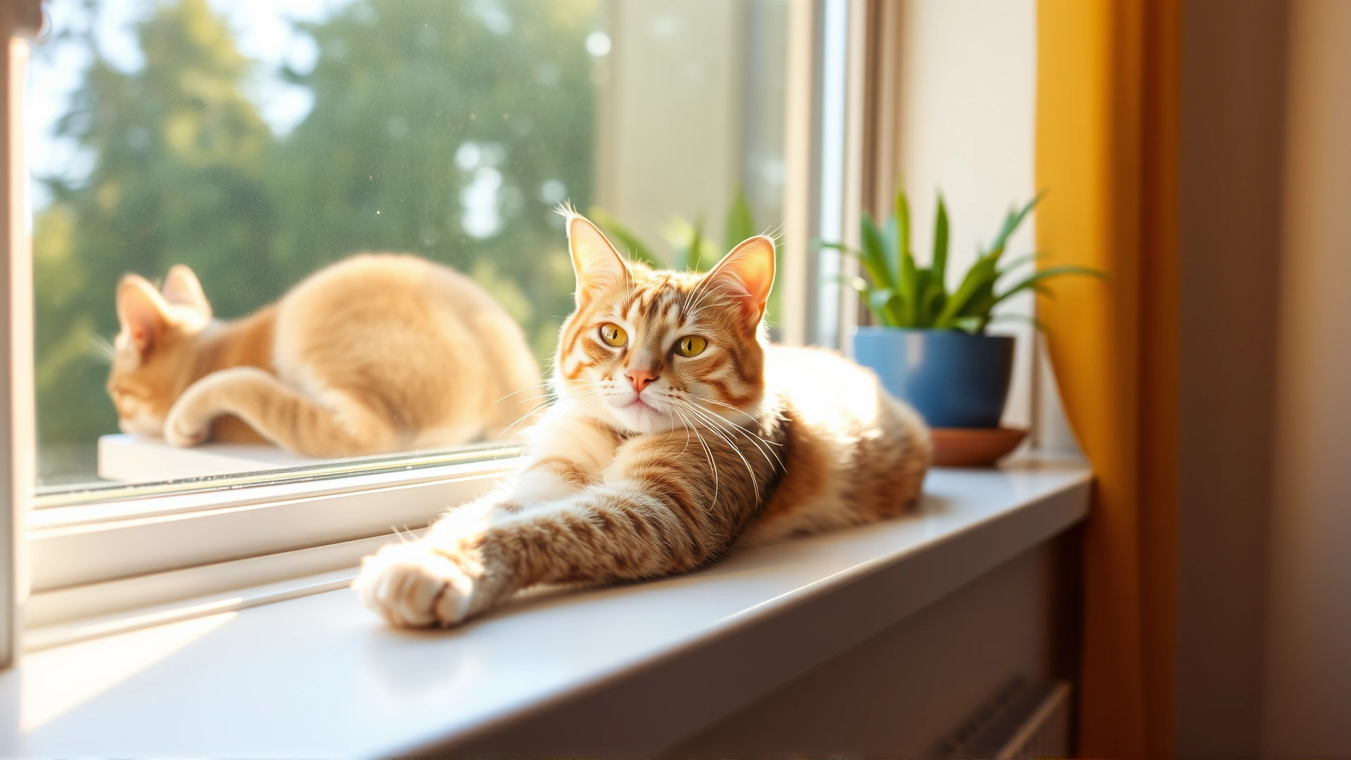 Bright, cheerful photo of a healthy, relaxed cat stretching on a windowsill bathed in warm sunlight, symbolizing recovery and well-being.