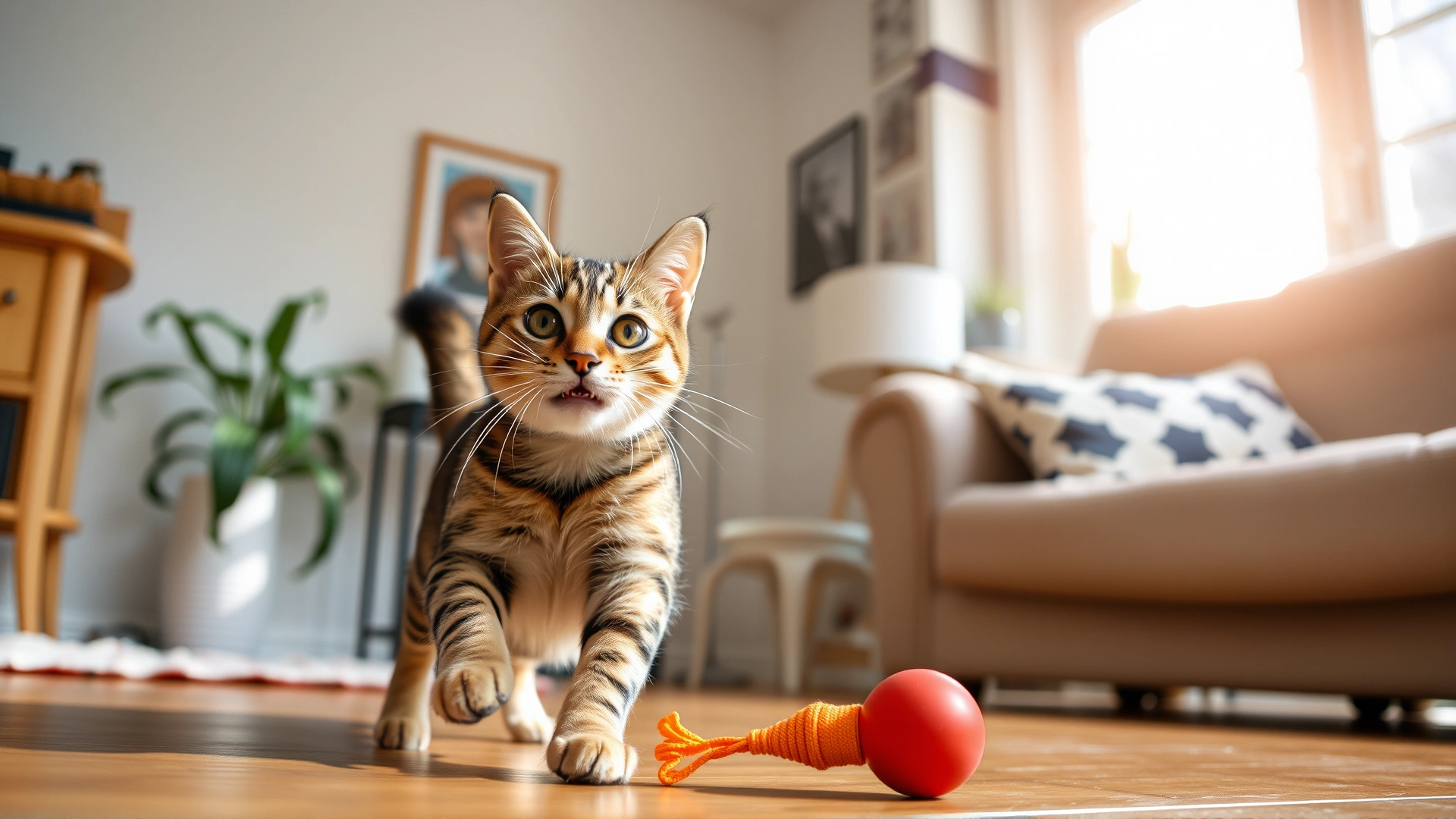 Playful healthy tabby cat chasing a toy in a sunlit living room, emphasizes successful management, high resolution photo
