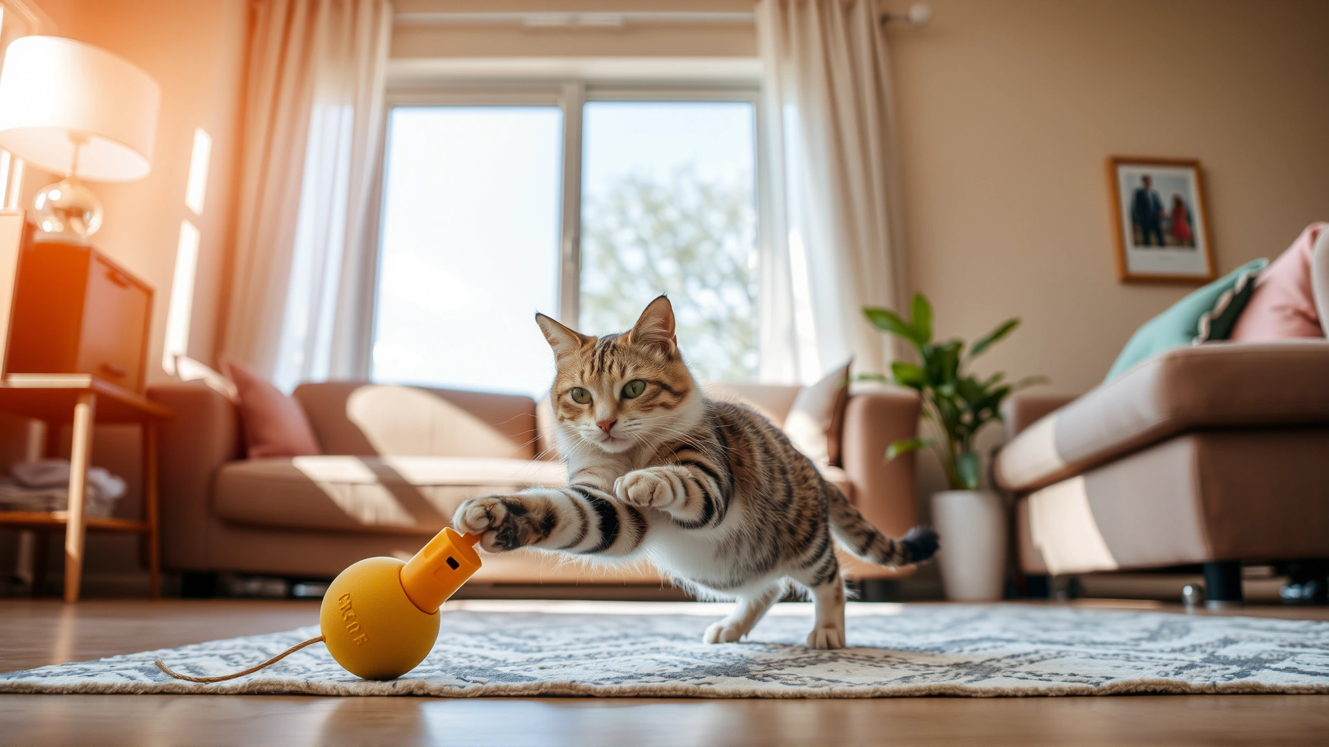 Photo of an energetic cat playing with a toy in a sunlit living room, symbolizing health and prevention