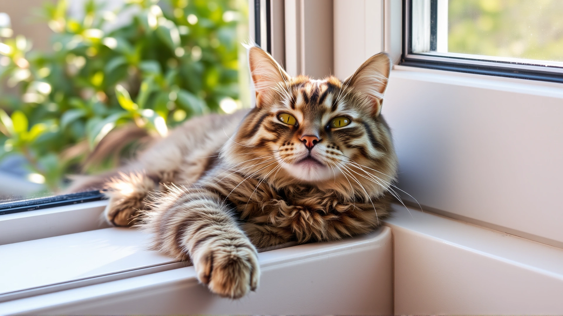 Happy senior cat lounging comfortably on a windowsill with greenery outside, sunlight highlighting its healthy coat.