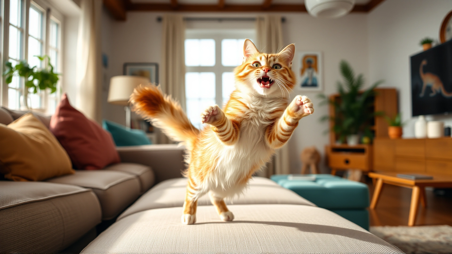 Healthy playful cat jumping on a sofa in a bright living room, showing vitality and wellbeing