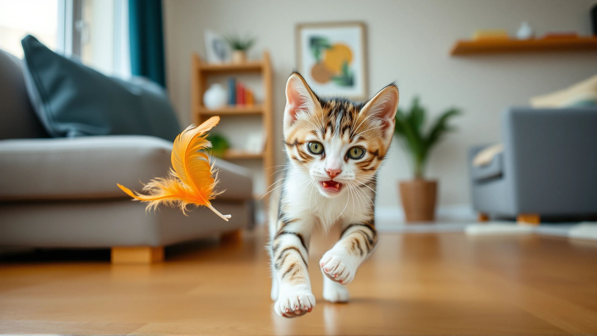 Playful young cat chasing a feather toy in a bright living room, symbolizing vitality and energy. No text.