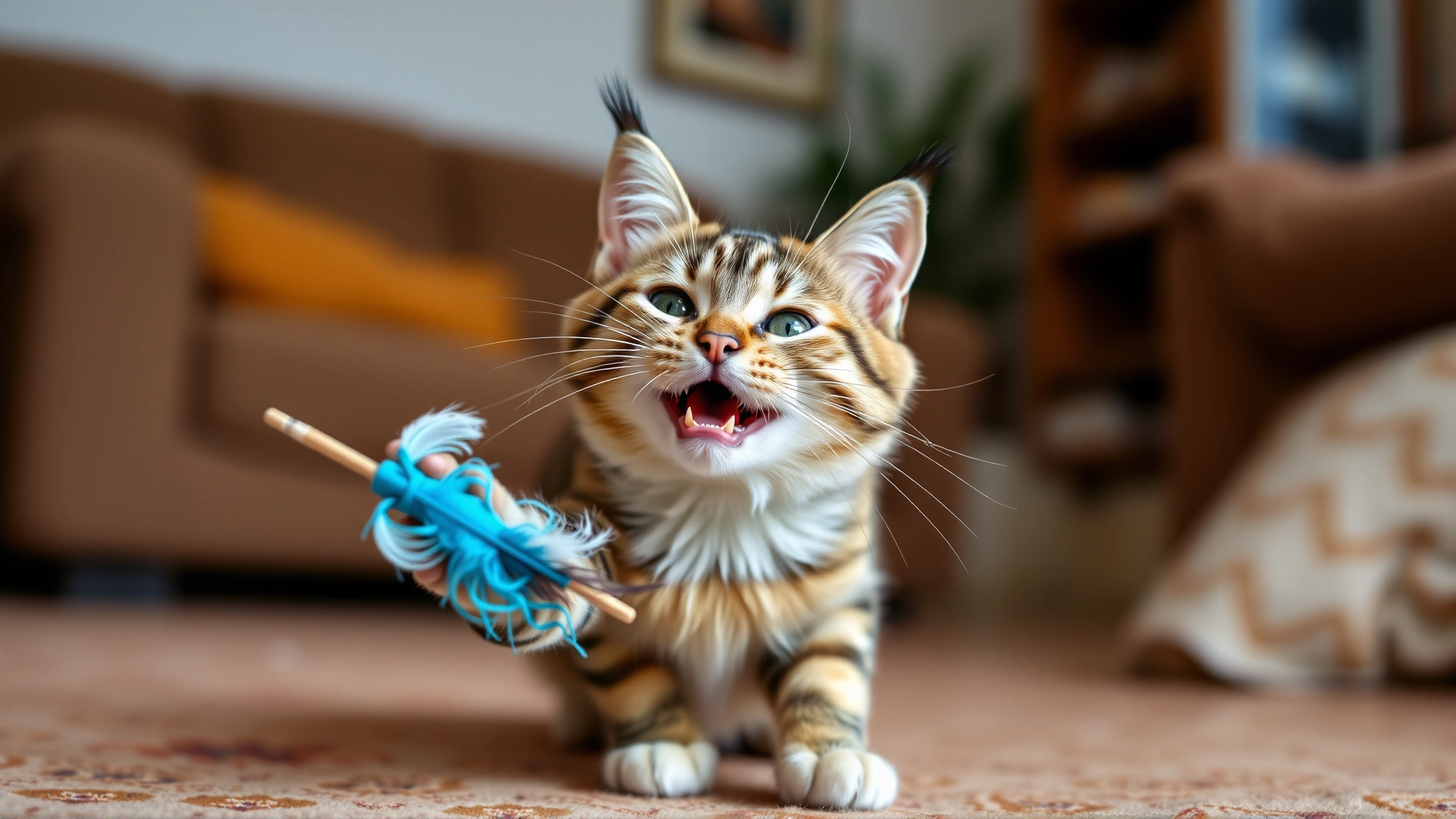 Happy, active cat playing with a feather toy in a living room, conveying wellness and energy