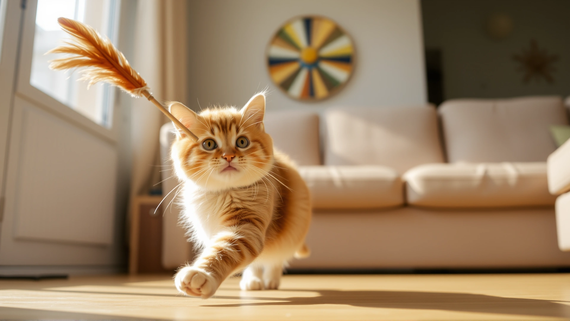 A playful, healthy-looking cat chasing a toy feather wand in a sunlit living room.