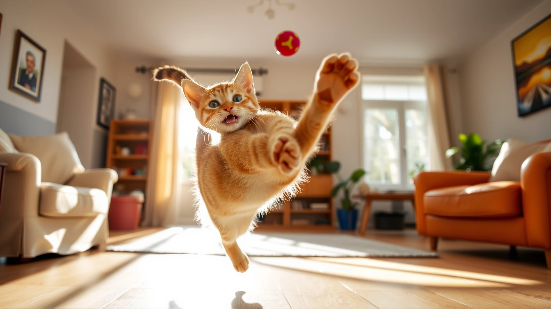 Bright photo of a playful healthy cat jumping to catch a toy in a sunlit living room
