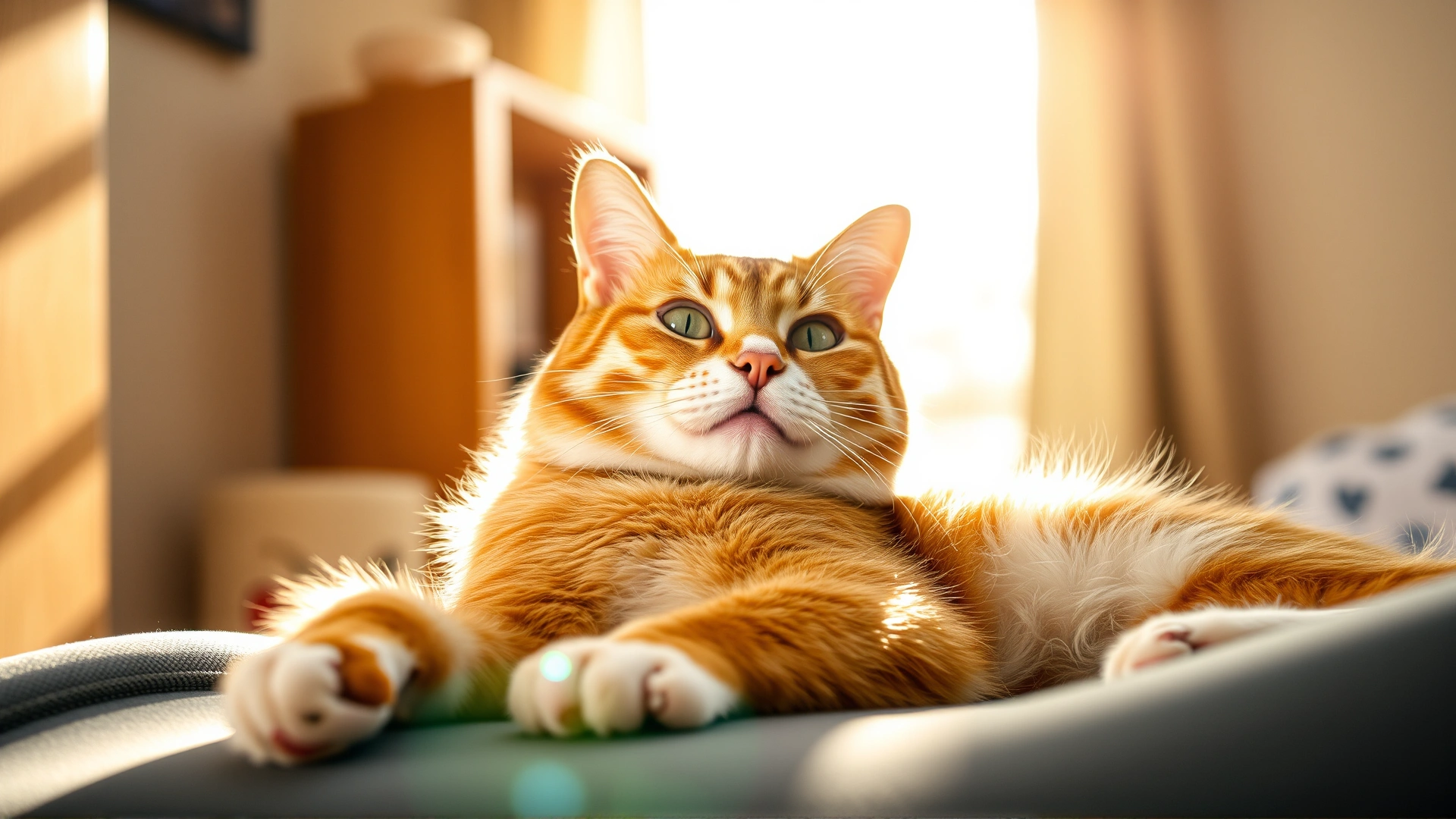 Bright, cheerful photo of a healthy-looking cat lounging comfortably in warm sunlight indoors, appearing relaxed and content