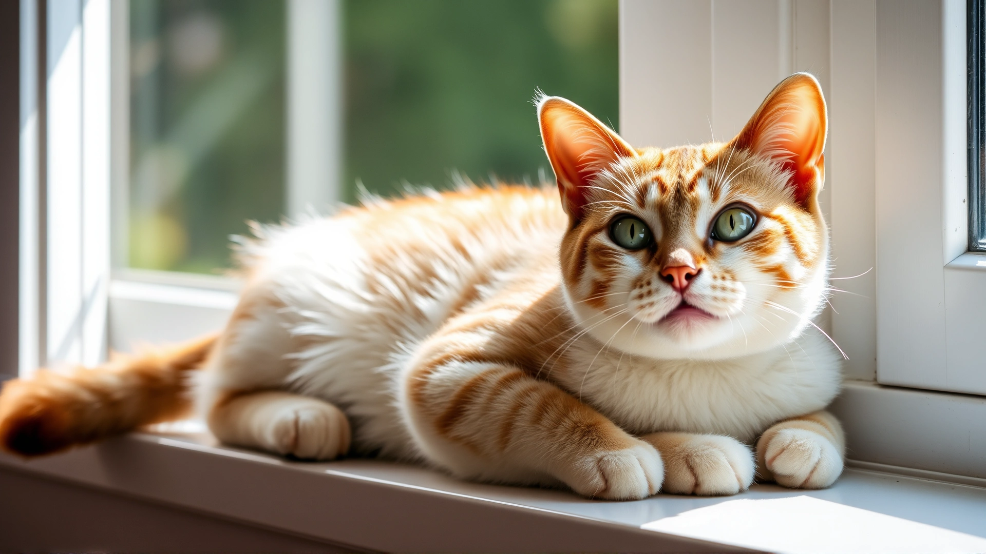 Happy healthy short-haired cat lounging on a windowsill with bright, crystal-clear eyes and natural sunlight