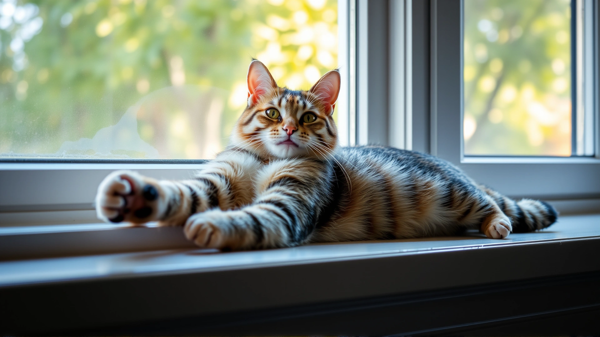 Happy indoor cat stretching comfortably on a sunny windowsill, looking healthy and relaxed