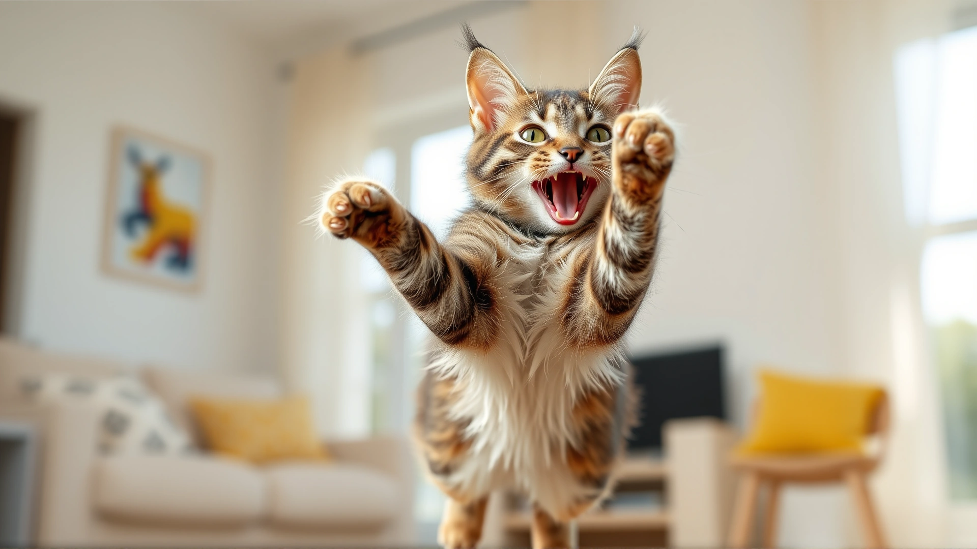 Healthy, energetic domestic cat jumping playfully in a bright living room, symbolizing recovery and wellness, natural light