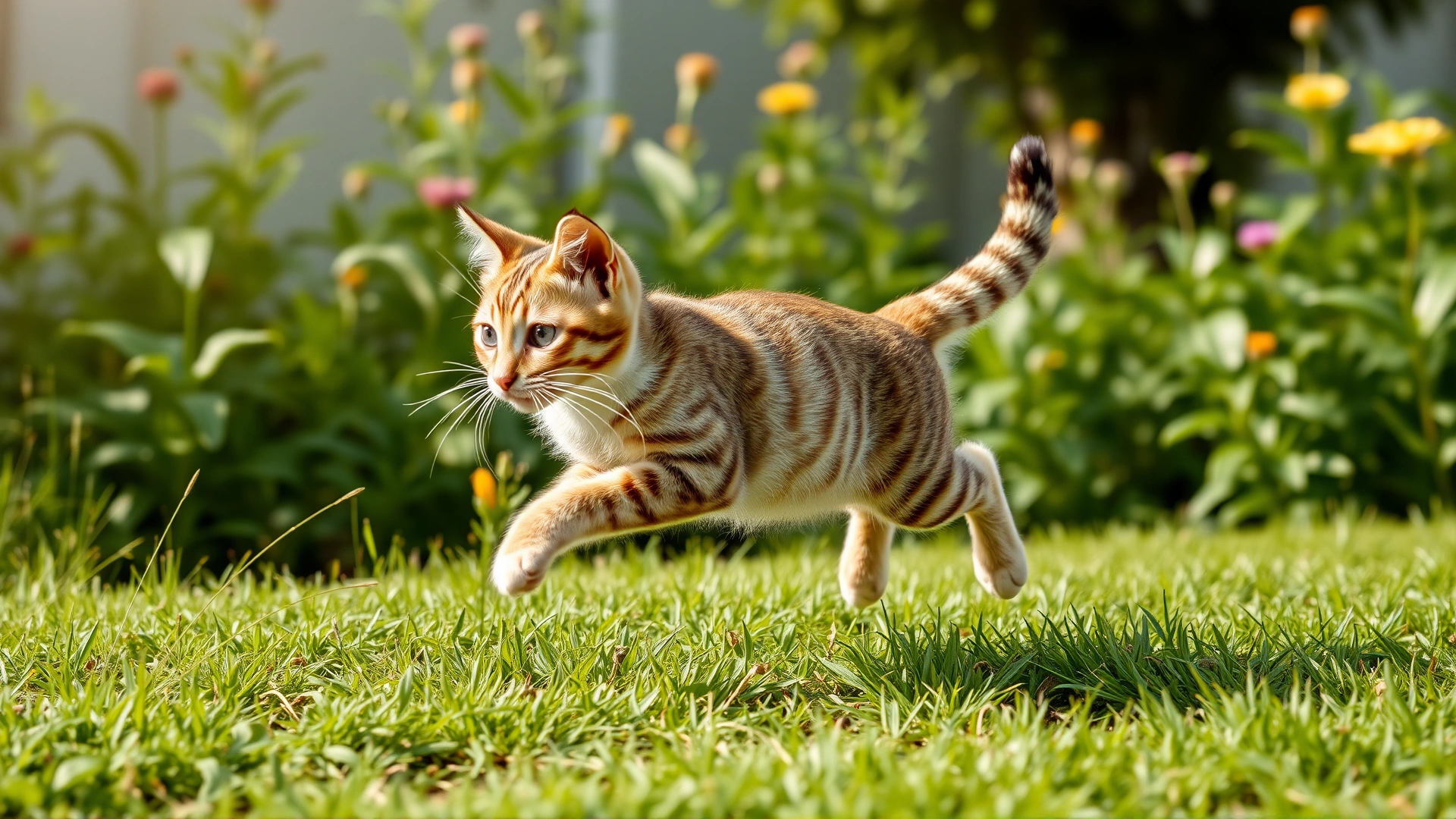 Energetic young cat sprinting through a lush green garden, representing full recovery and bone health.
